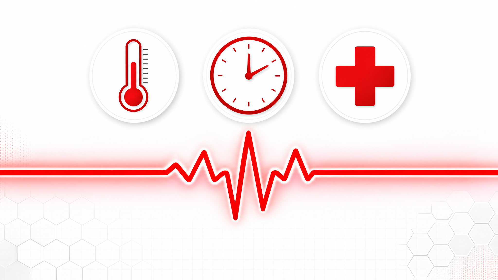 A clean, modern conceptual medical illustration. A prominent bright red warning line across the center. Above the line, simple flat-style icons showing a thermometer, a clock, and a hospital cross symbol. The overall color palette is clinical white and alert red. High contrast, professional medical infographic style, visually striking.