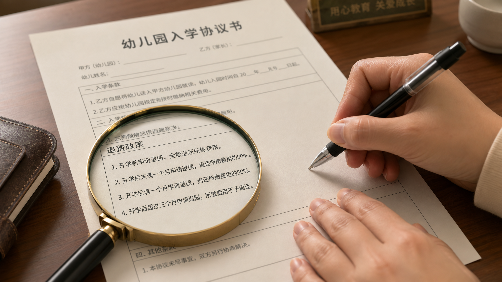 A close-up shot of a Chinese mother's hands holding a pen over a kindergarten enrollment contract, a magnifying glass is placed on the paper highlighting the refund policy text, professional wooden desk, soft warm lighting, professional photography, highly detailed, depth of field.