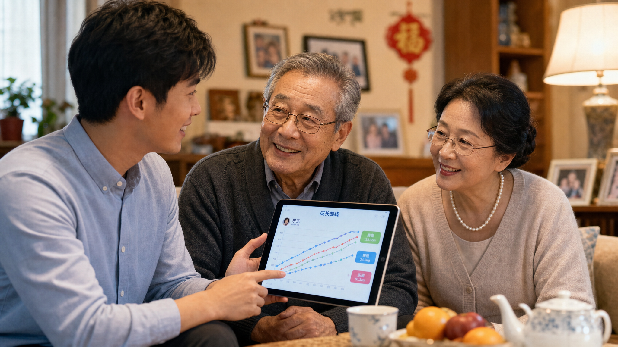 A heartwarming scene in a Chinese home. A young Chinese father is holding a tablet showing a colorful line chart of a child's growth data. He is happily explaining it to the smiling Chinese grandparents. The atmosphere is harmonious and positive. Warm indoor lighting, shallow depth of field, high quality, highly detailed, shot on 35mm lens.