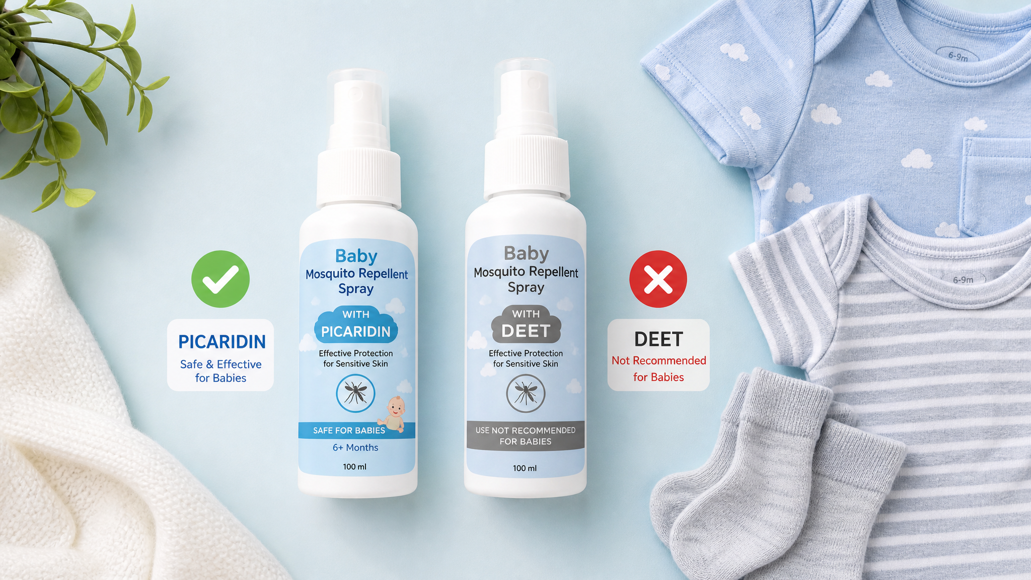 A clean, bright, and professional flat lay photography featuring baby mosquito repellent spray bottles with clear labels showing