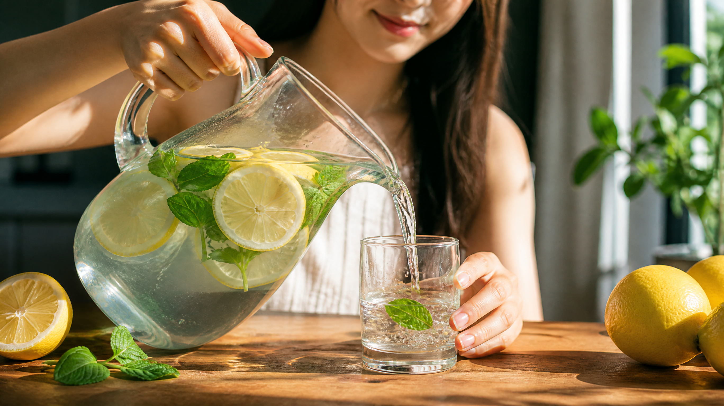A refreshing close-up shot of a transparent glass pitcher filled with homemade electrolyte water on a wooden table. Inside the water are fresh lemon slices and green mint leaves. A young Chinese woman's hand is gently pouring water from the pitcher into a glass. Bright summer sunlight filtering through a window, creating beautiful light and shadow, photorealistic, food photography, 8k, highly detailed.