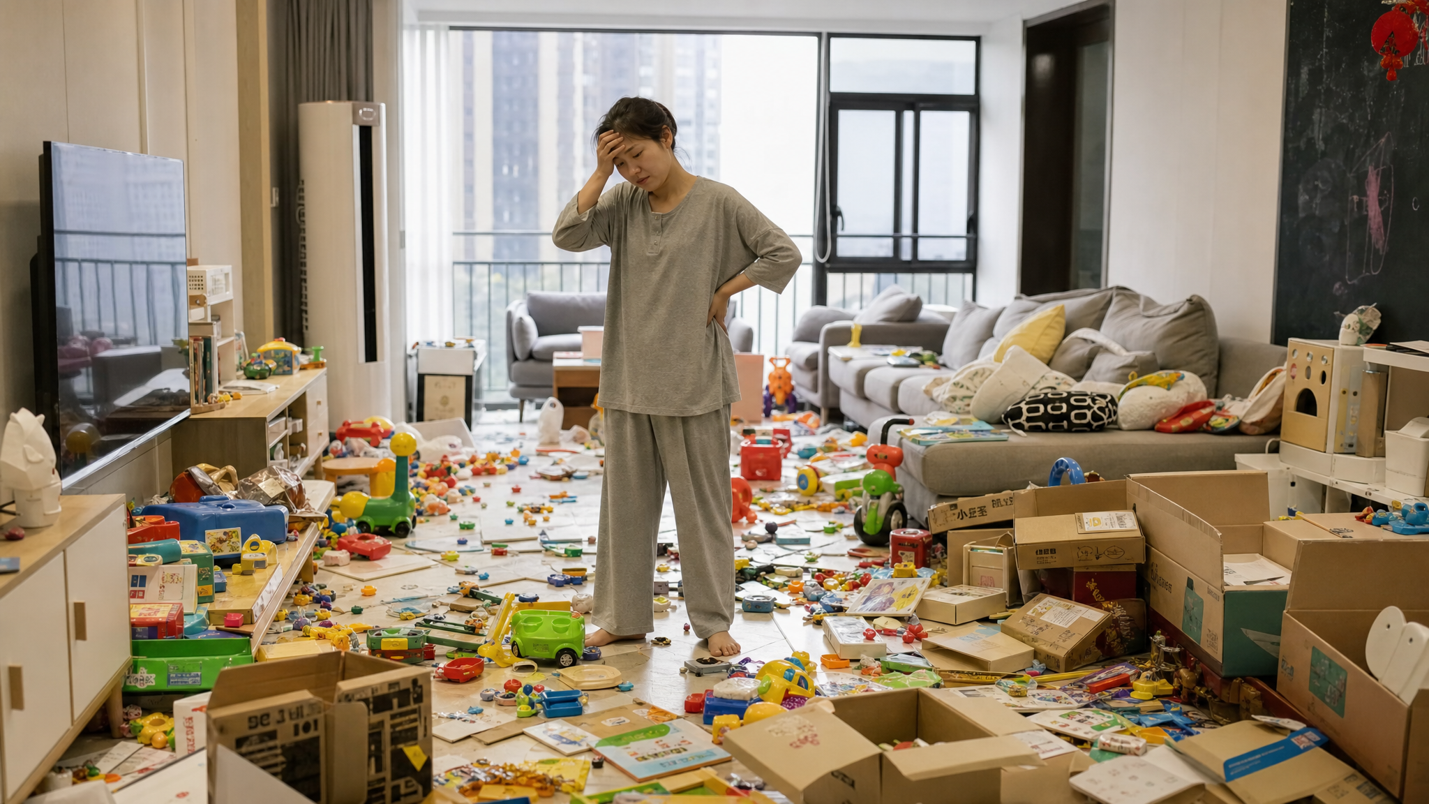 A realistic photography of a modern Chinese living room, extremely messy, floor fully covered with various colorful plastic toys and empty cardboard boxes. A young Chinese mother standing in the middle, looking exhausted and overwhelmed, holding her forehead. Cinematic lighting, high resolution, 8k, photorealistic.