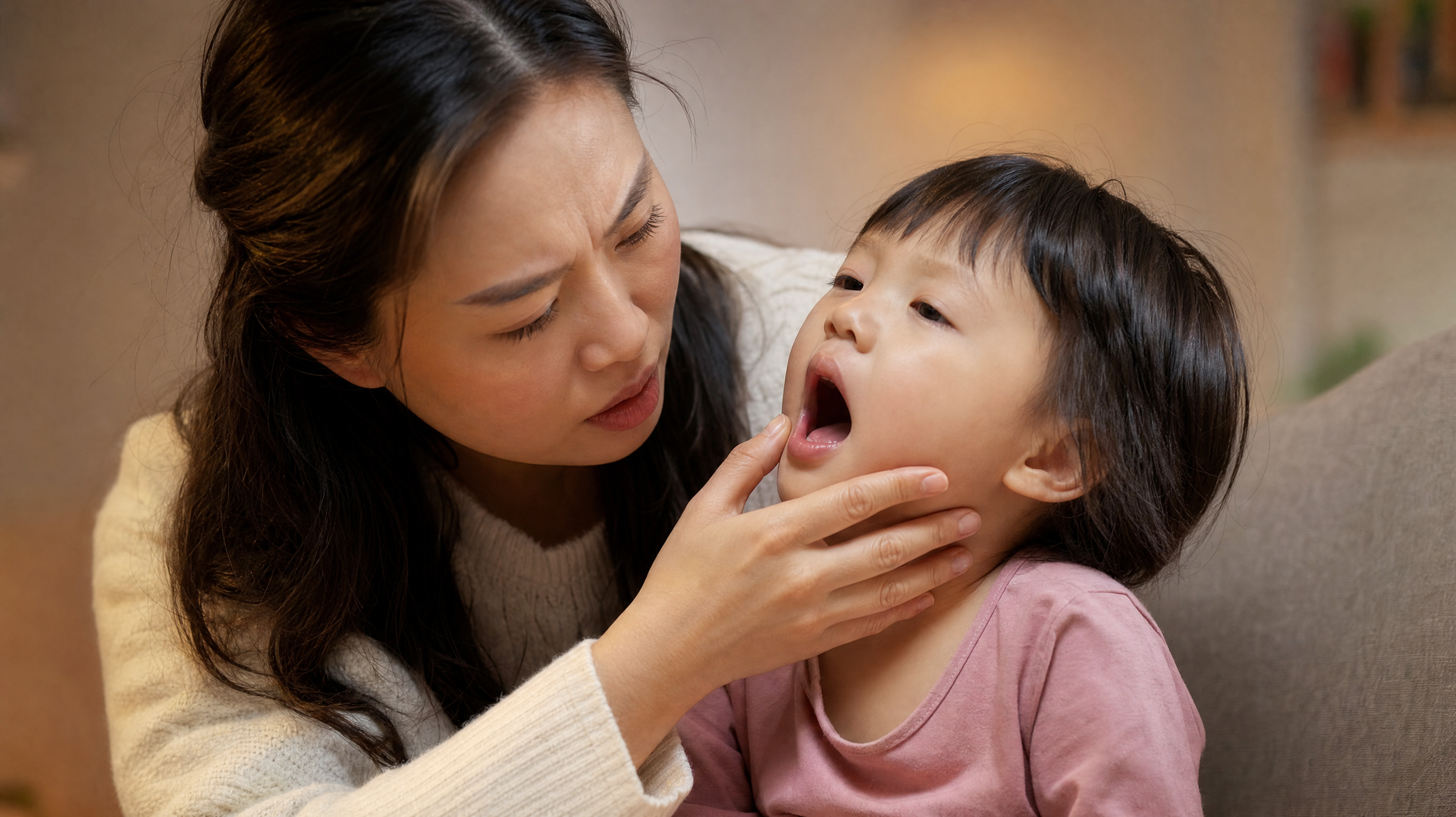 A worried Chinese mother gently checking her toddler's mouth under warm indoor lighting, the toddler looks slightly uncomfortable, realistic photography, soft focus, high resolution, DALL-E style.
