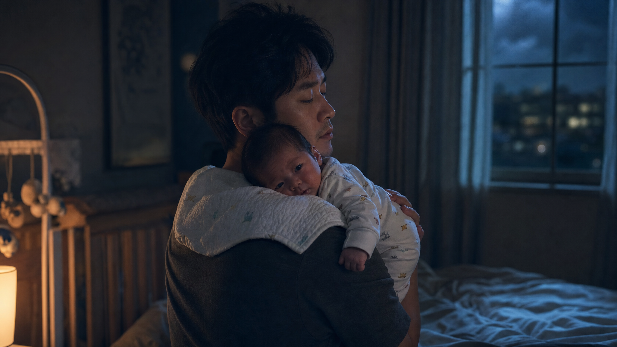 A tender and emotional moment of a young Chinese father gently burping his newborn baby over his shoulder in a dimly lit bedroom at 2 AM, soft moonlight coming from the window, warm night light, realistic, highly detailed, 8k, Midjourney style --ar 3:4