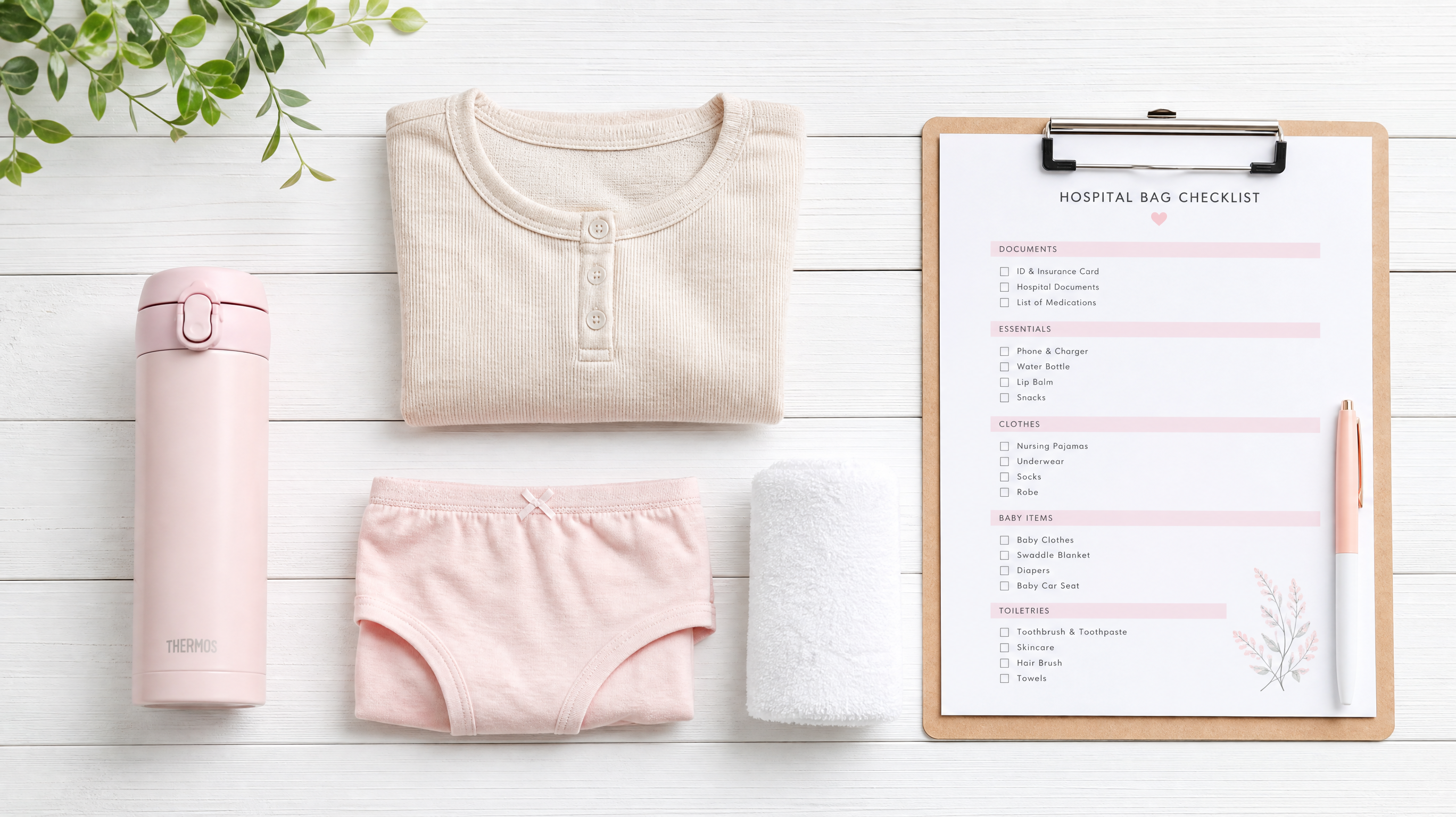 A flatlay composition of a hospital preparation kit on a clean white wooden table, including a folded cotton underwear, a small neat towel, a thermos cup, and a medical checklist clipboard, bright and fresh lighting, minimalist style, pastel colors, high resolution.