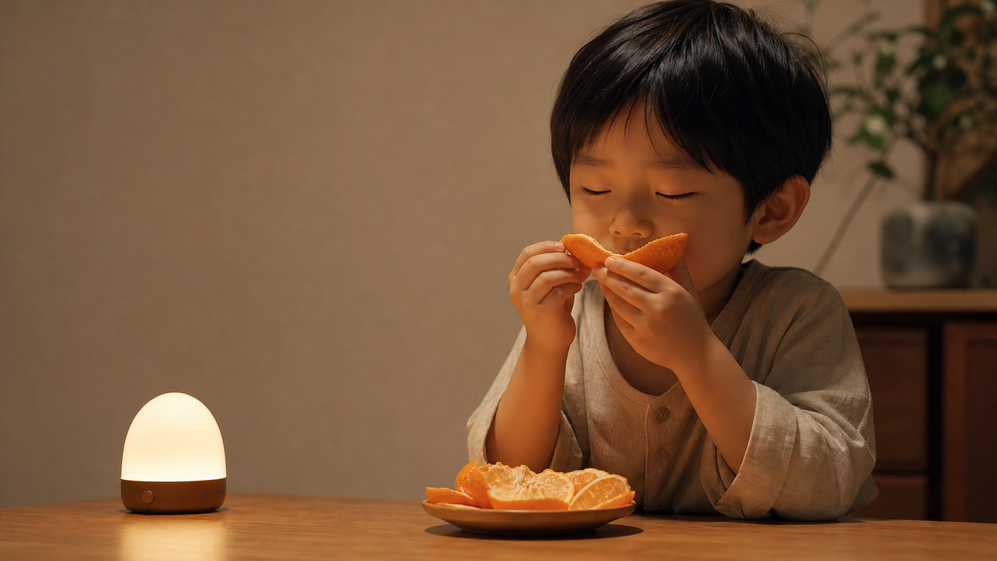 A 5-year-old Chinese kid with eyes gently closed, peacefully smelling an orange peel in hands, warm soft lighting, a small minimalist night lamp glowing on the table, cozy home environment, negative space, minimalist aesthetic, cinematic, photorealistic, ultra detail --ar 3:4