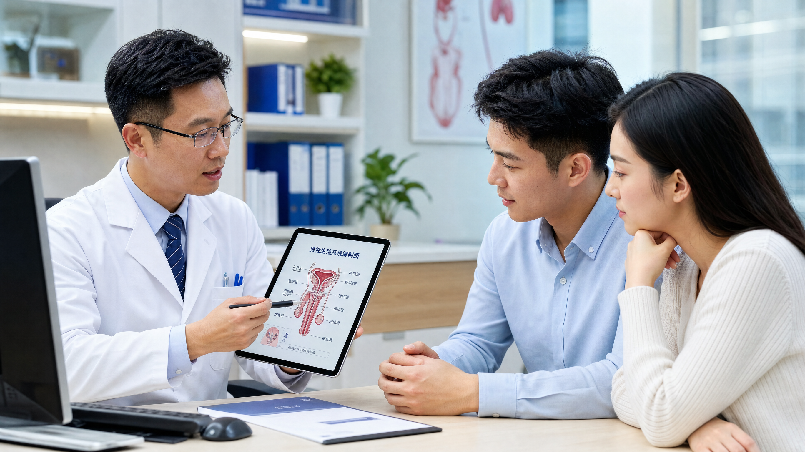 A professional Chinese male doctor in a white lab coat explaining a medical chart to a young Chinese couple in a modern, clean clinic. The doctor is pointing at a digital tablet showing a clear, stylized infographic. Bright and professional lighting, reassuring and scientific atmosphere, highly detailed, 8k, photorealistic.