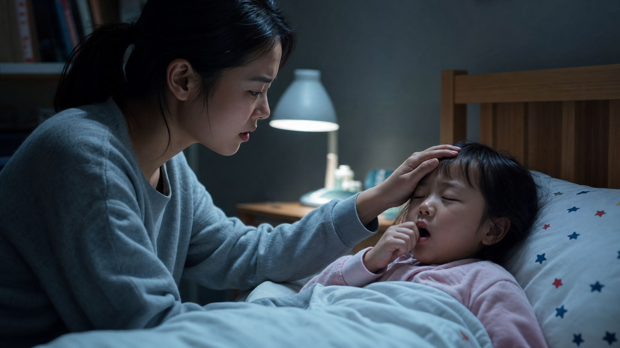 A photorealistic image of a concerned young Chinese mother sitting by the bed in a dimly lit bedroom, gently touching the forehead of her 4-year-old Chinese child who is coughing. The room has a soft, cool-toned night light. Cinematic lighting, highly detailed, 8k resolution, emotional and relatable atmosphere, shot on 35mm lens.