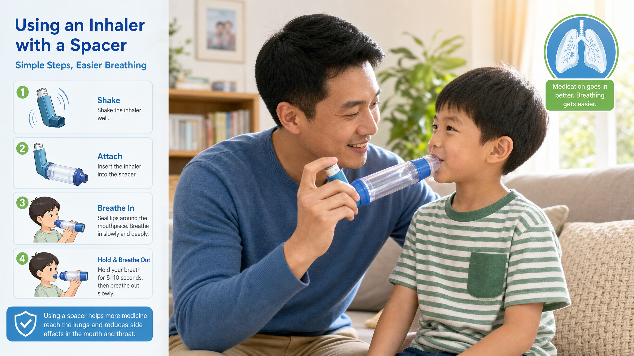 A bright and warm living room setting. A loving Chinese father is patiently teaching his 5-year-old Chinese son how to use an asthma inhaler with a spacer. Both are smiling, creating a sense of control and safety. Medical illustration style mixed with photography, soft natural sunlight from the window, clean blue and green color palette, high quality, 8k.