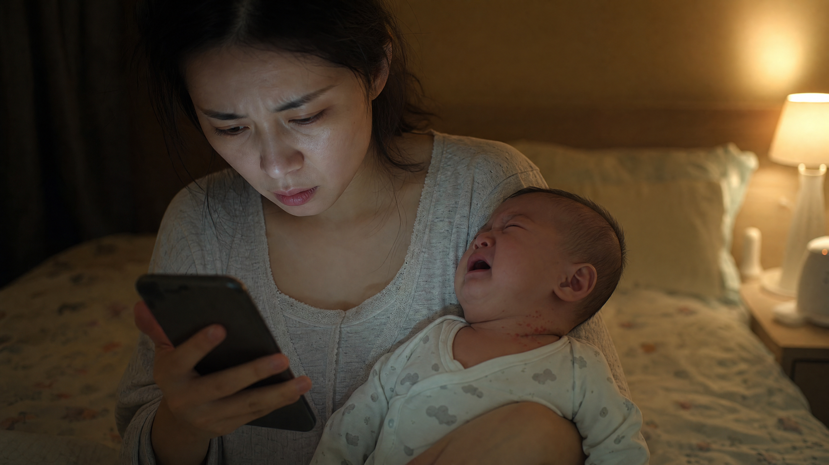 A cinematic shot of an anxious young Chinese mother holding her crying 2-month-old baby in a dimly lit bedroom at night. The baby has slight red dots on the neck. The mother is looking at her glowing smartphone screen with a worried expression. Soft warm indoor lighting, realistic photography, highly detailed, 8k resolution, photorealistic.