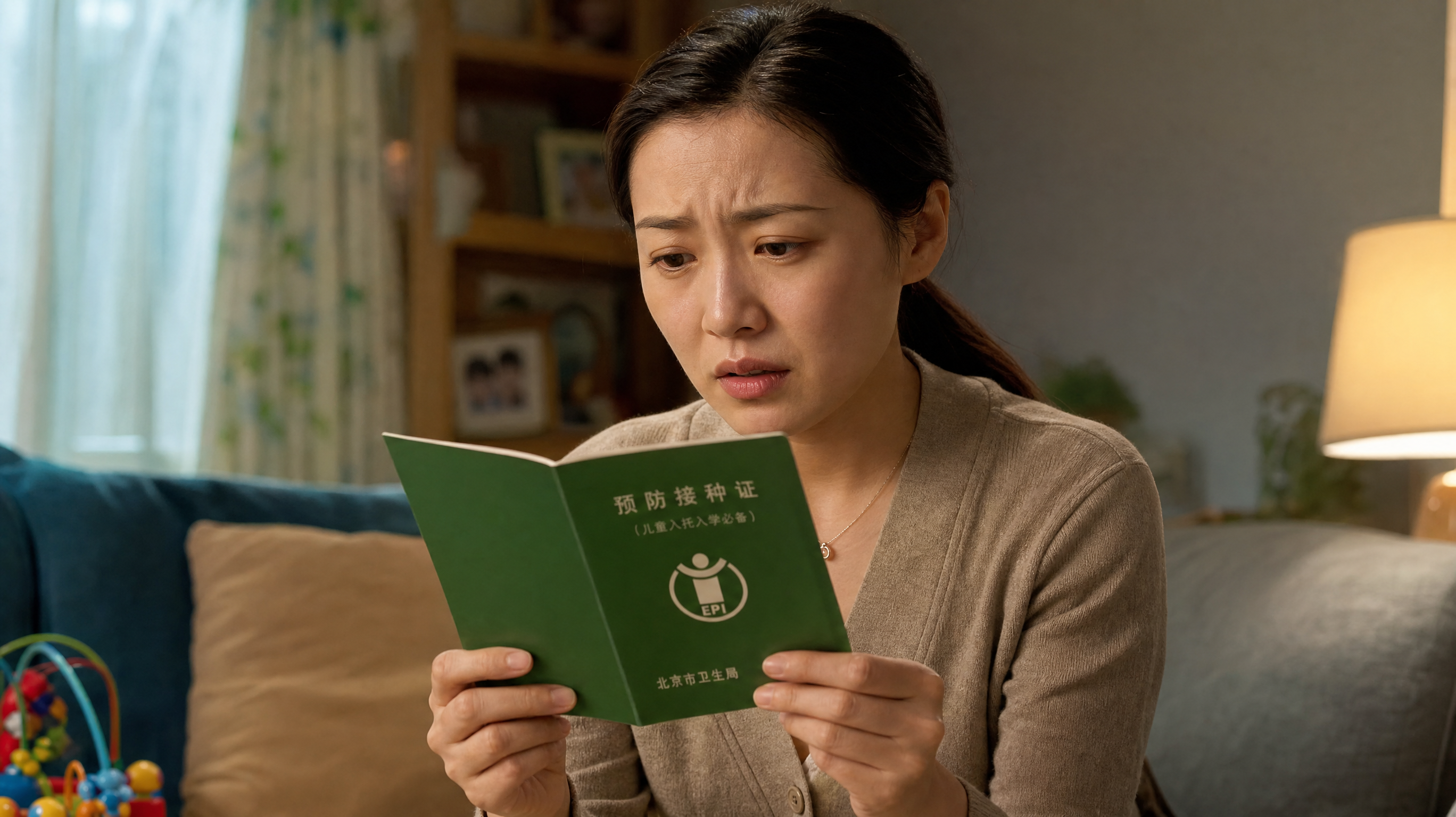 A photorealistic image of an anxious young Chinese mother sitting on a cozy living room sofa, holding a green child vaccination record book. She is looking at the book with a worried expression. Soft indoor lighting, high resolution, cinematic lighting, 8k, shot on 35mm lens --ar 3:4