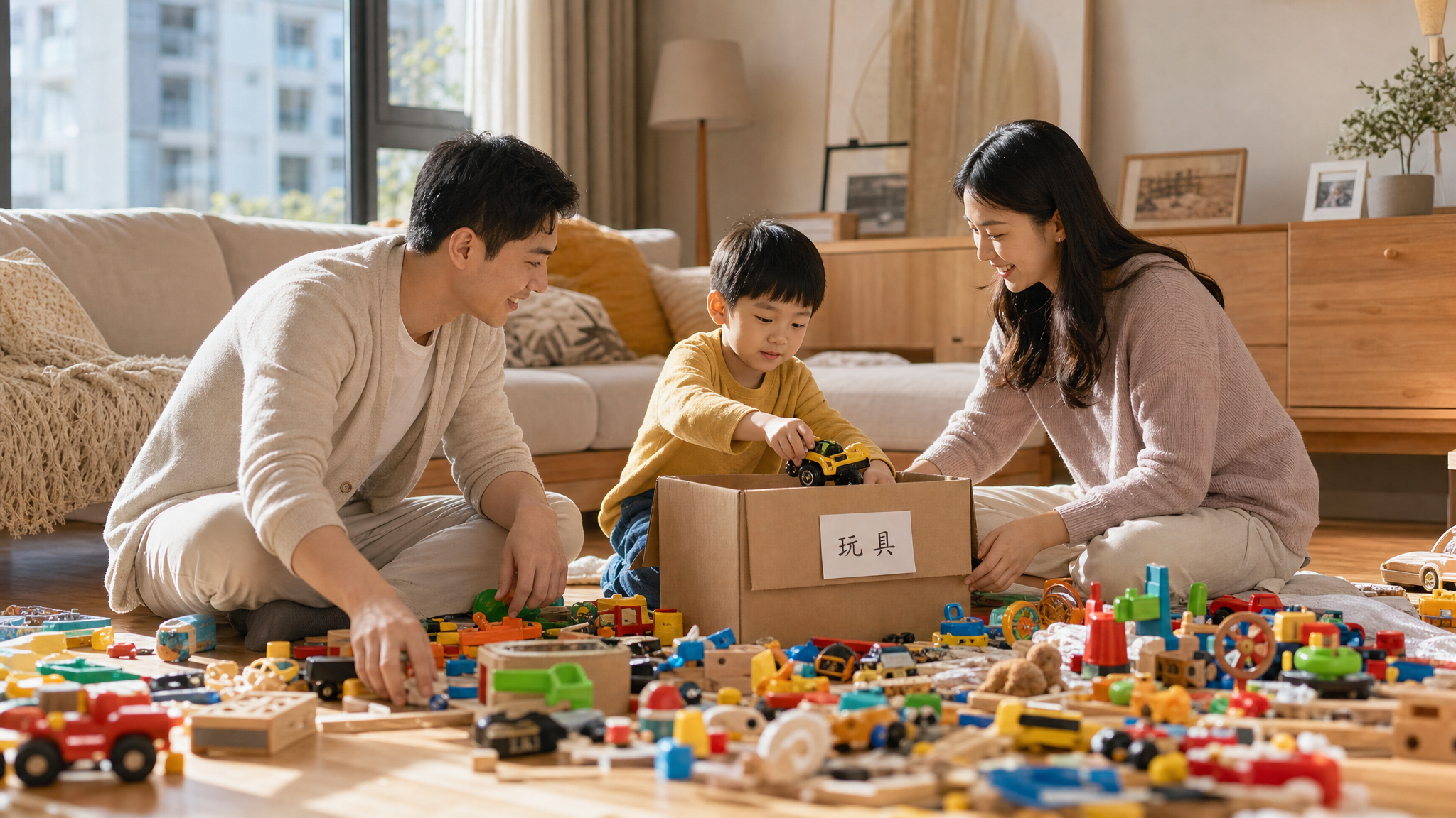 A warm and modern Chinese living room, a young Chinese couple and their 5-year-old child are sorting a large pile of colorful toys on the wooden floor. The child is putting a toy car into a cardboard box labeled with a minimalist tag. Bright natural light streaming through the window, cozy atmosphere, realistic photography, 8k resolution, highly detailed, shot on Sony A7R IV --ar 16:9