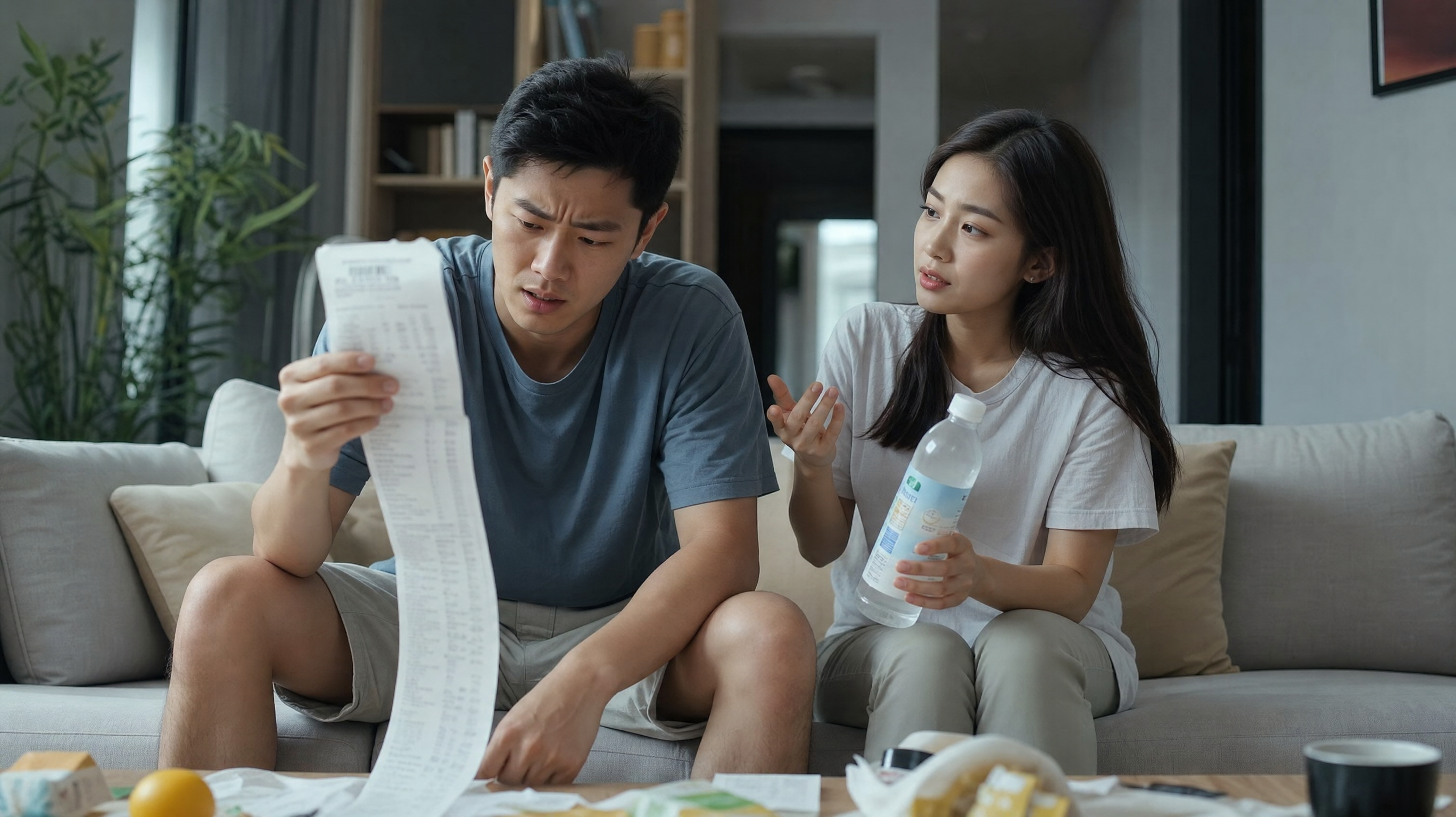 A high-quality realistic photo of a young Chinese couple in a modern cozy living room. The husband is looking at a long shopping receipt with a slightly distressed expression, while the wife is holding a bottle of water, trying to explain. Soft natural indoor lighting, cinematic composition, highly detailed, 8k resolution, shot on 35mm lens.