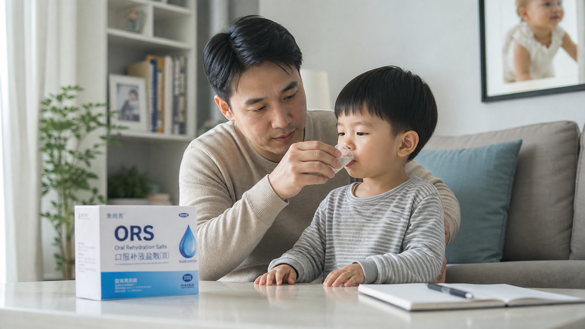 A heartwarming photorealistic image of a Chinese father carefully feeding clear liquid from a small medicine cup to his young child. The father is focused and gentle. On the table, there is a box of ORS (Oral Rehydration Salts) and a notebook with a pen. Bright and clean living room lighting, highly detailed, 4k resolution, conveying a sense of scientific parenting.