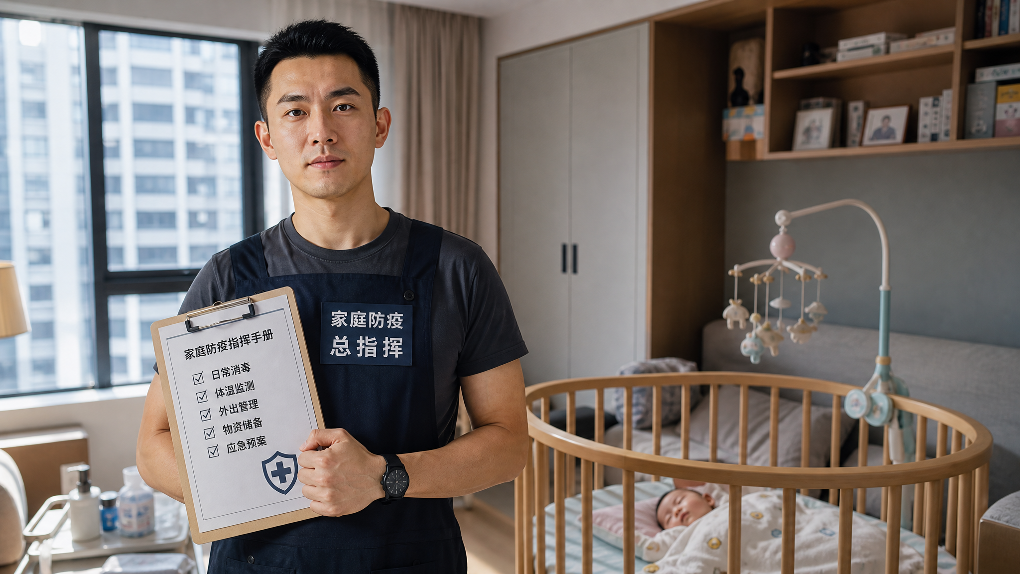 A confident young Chinese father holding a clipboard, standing in front of a baby crib. He has a gentle but firm expression, acting as the 'chief epidemic prevention officer' of the house. The baby is sleeping safely in the background. Bright, modern Chinese apartment setting. High realism, cinematic lighting, 8k, highly detailed.