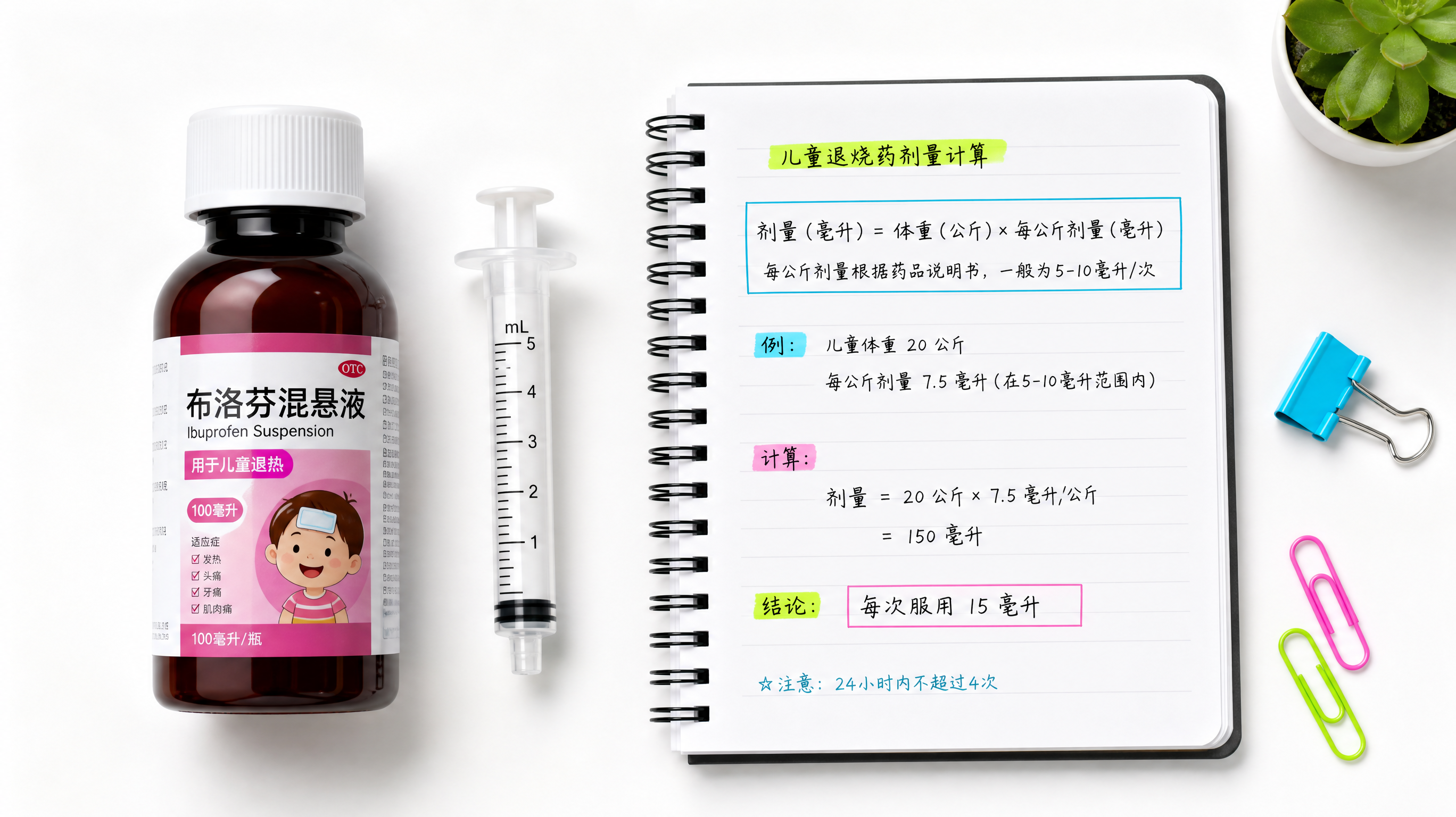 A clean, minimalist flat lay composition featuring a bottle of children's liquid fever medicine, a medical oral syringe, and a notebook with clear handwritten Chinese math formulas calculating dosage. Bright soft lighting, white background with neon color accents, high quality, professional studio photography.