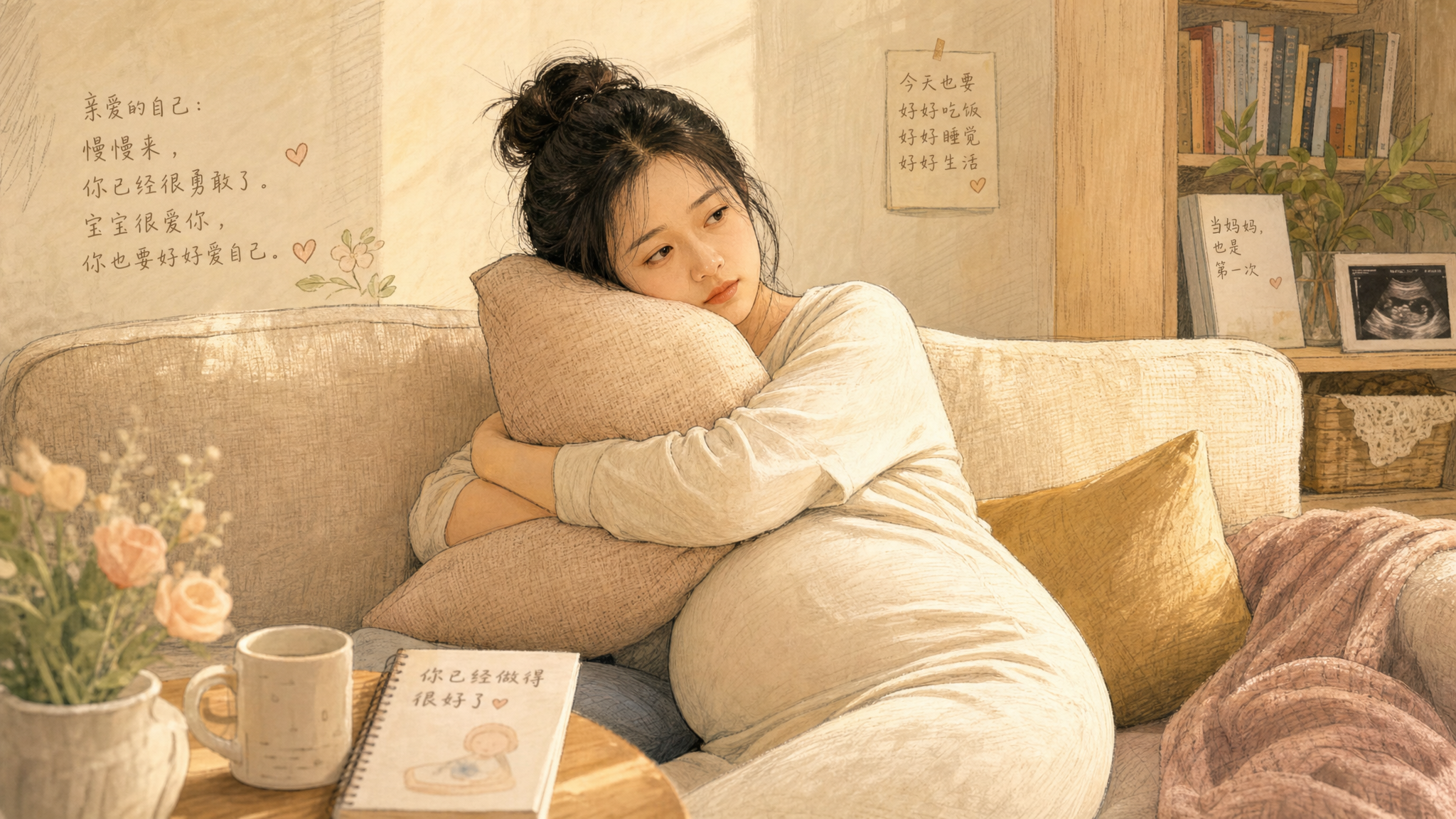 A warm and healing illustration of a young Chinese pregnant woman sitting on a cozy beige sofa, looking slightly tired and vulnerable, hugging a soft cushion. Soft natural lighting, gentle beige and pastel tones, hand-drawn journal style, high quality, highly detailed, emotional resonance. --ar 3:4