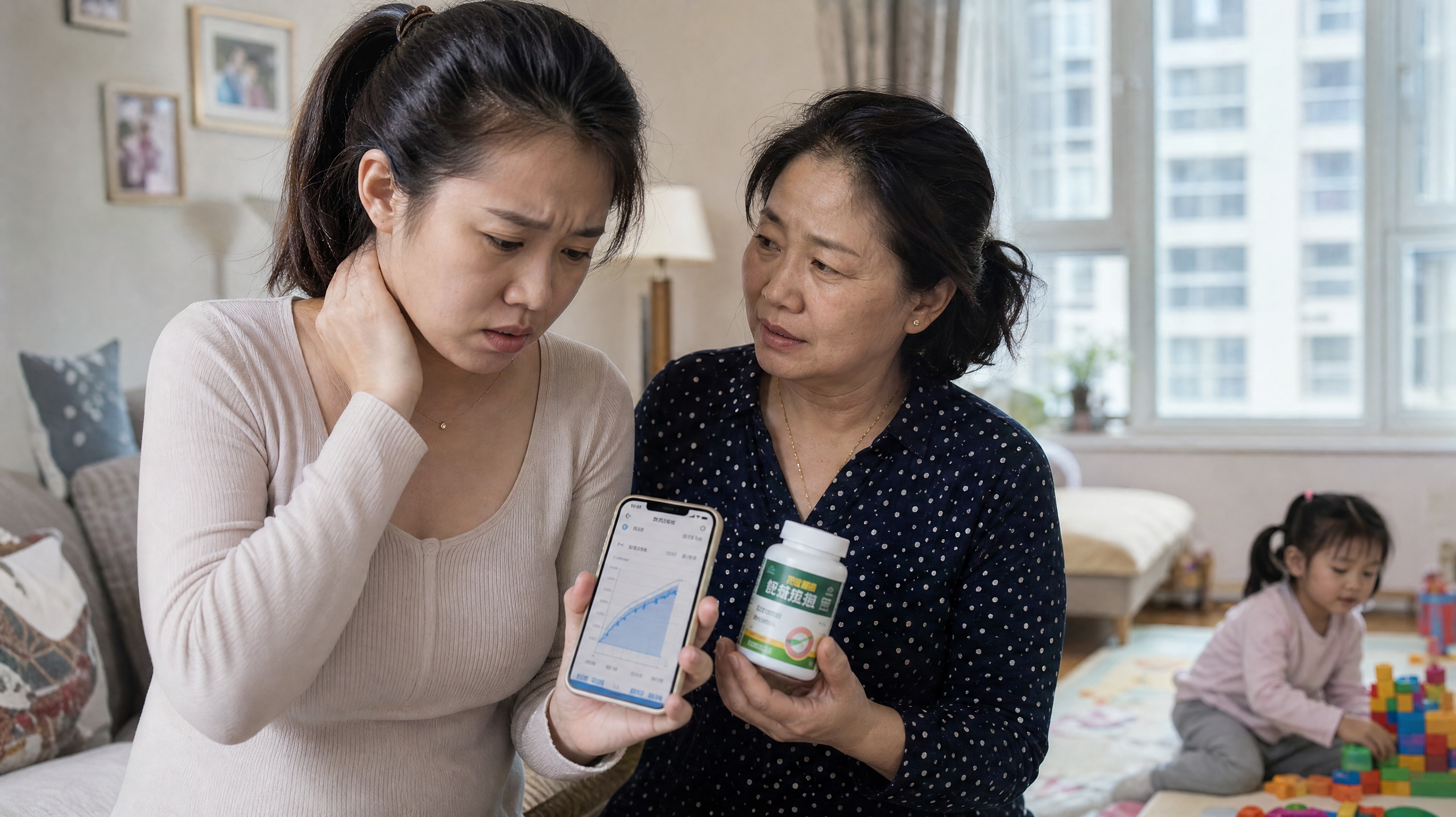 A realistic photography of a young Chinese mother looking stressed while looking at a smartphone screen showing a growth chart, an older Chinese grandmother next to her holding a bottle of nutritional supplements, a 4-year-old Chinese kid playing in the background. Soft indoor lighting, cinematic lighting, highly detailed, 8k resolution, shot on 35mm lens.