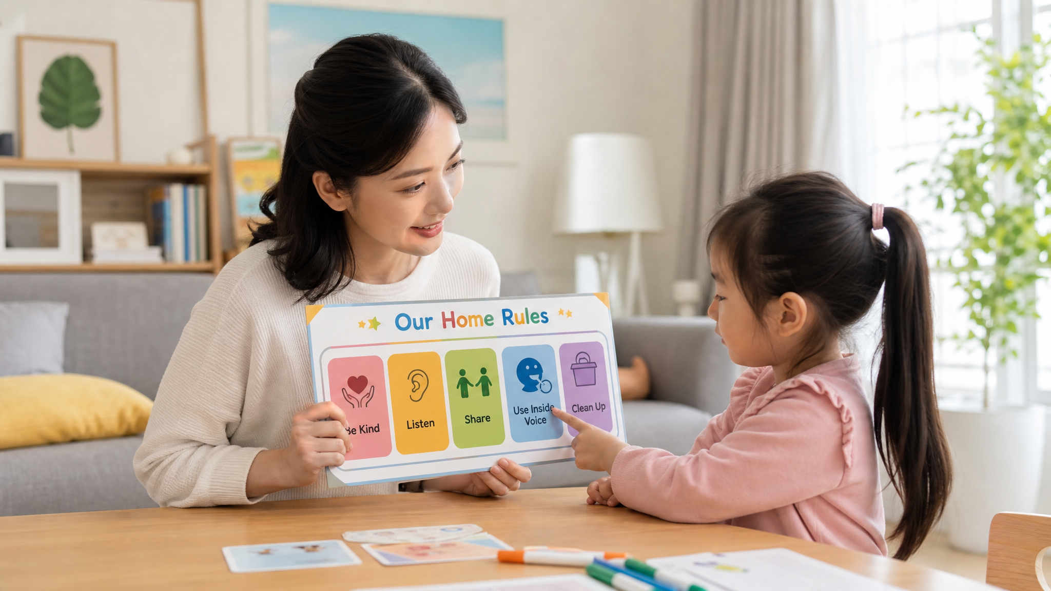 A gentle Chinese mother showing a colorful visual rule card to her 5-year-old daughter in a bright living room, the girl is looking at the card attentively and pointing at a blue object, cozy home environment, soft natural light, high quality, realistic photography --ar 3:4