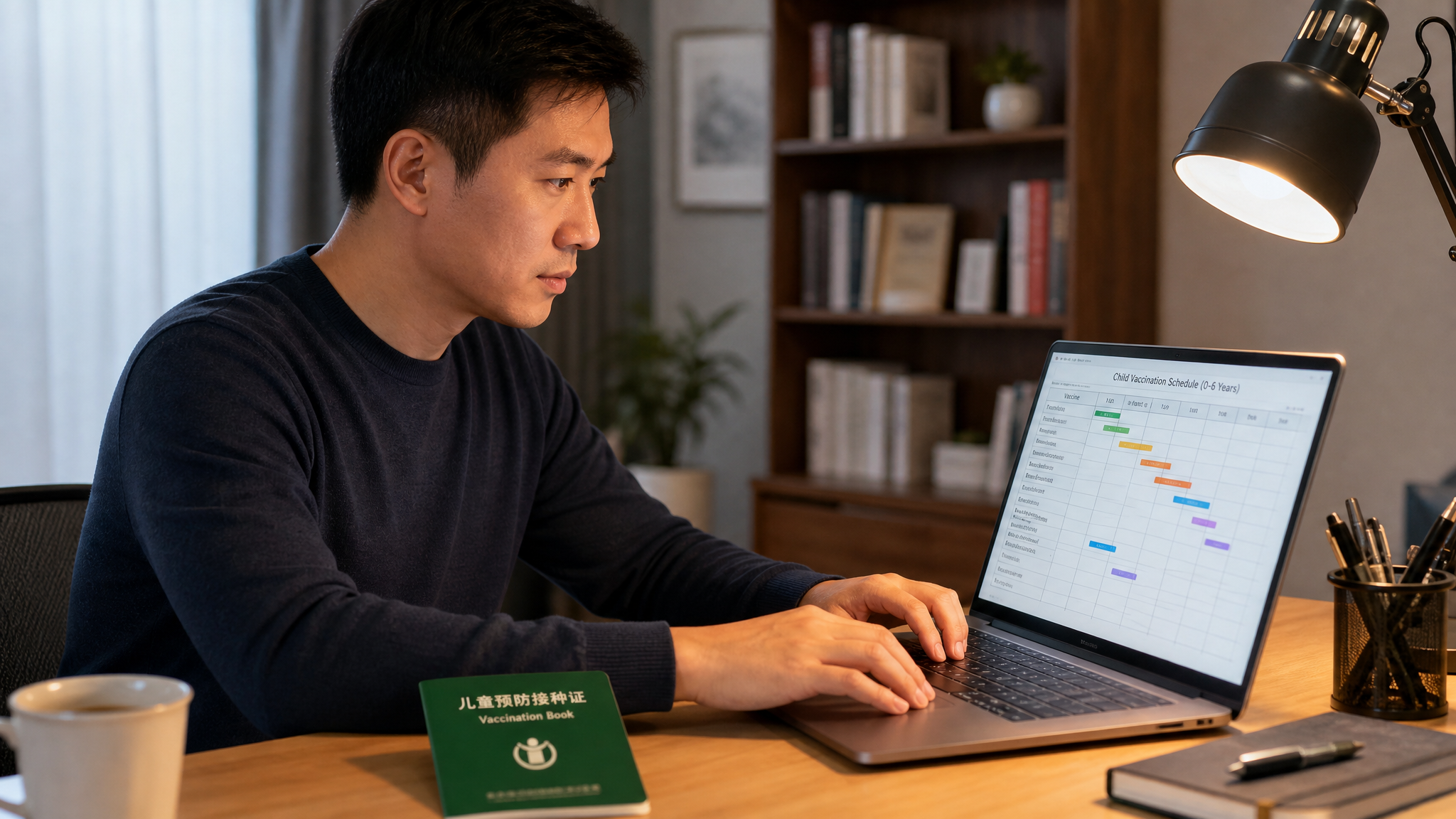 A photorealistic image of a focused young Chinese father sitting at a clean modern desk, typing on a laptop, making a colorful Gantt chart for his child's vaccination schedule. A green vaccination book and a cup of coffee are on the desk. Warm desk lamp lighting, professional photography, highly detailed, 8k --ar 3:4