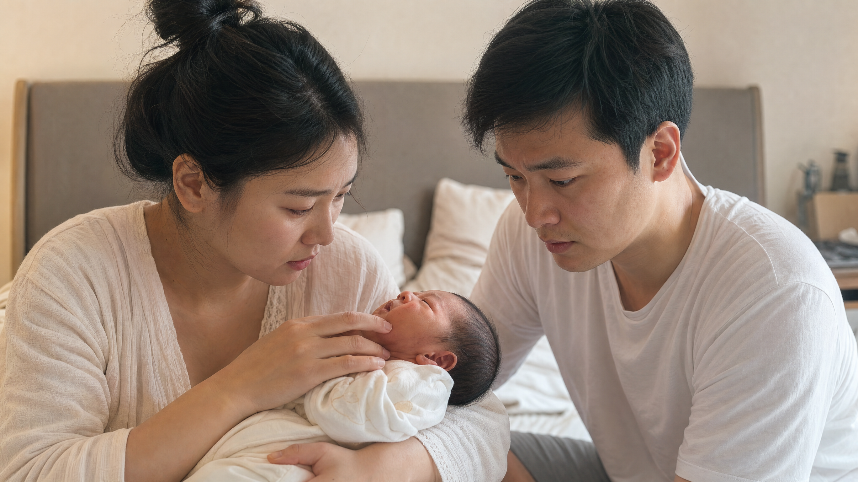 A photorealistic image of a young Chinese mother and father looking anxiously at their newborn baby in a cozy, softly lit bedroom. The mother is gently holding the baby, checking its face. The lighting is natural and slightly warm. High quality, 8k resolution, emotional portrait, realistic skin texture.