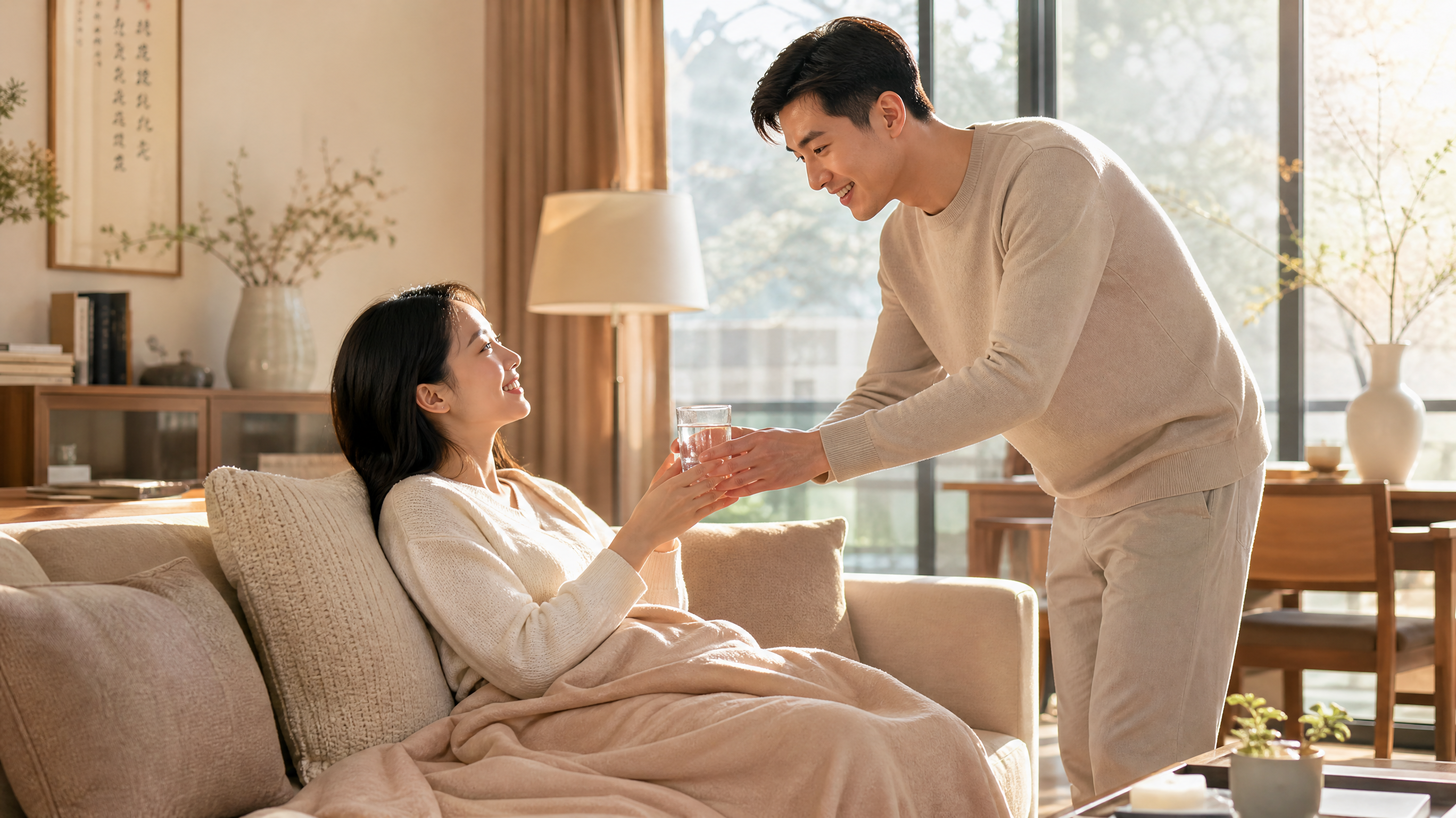 A loving Chinese couple in a bright, modern living room. The husband is gently handing a glass of warm water to his wife who is resting comfortably on a sofa. Warm and healing sunlight, soft pastel colors, high quality, photorealistic, 8k, DALL-E style.