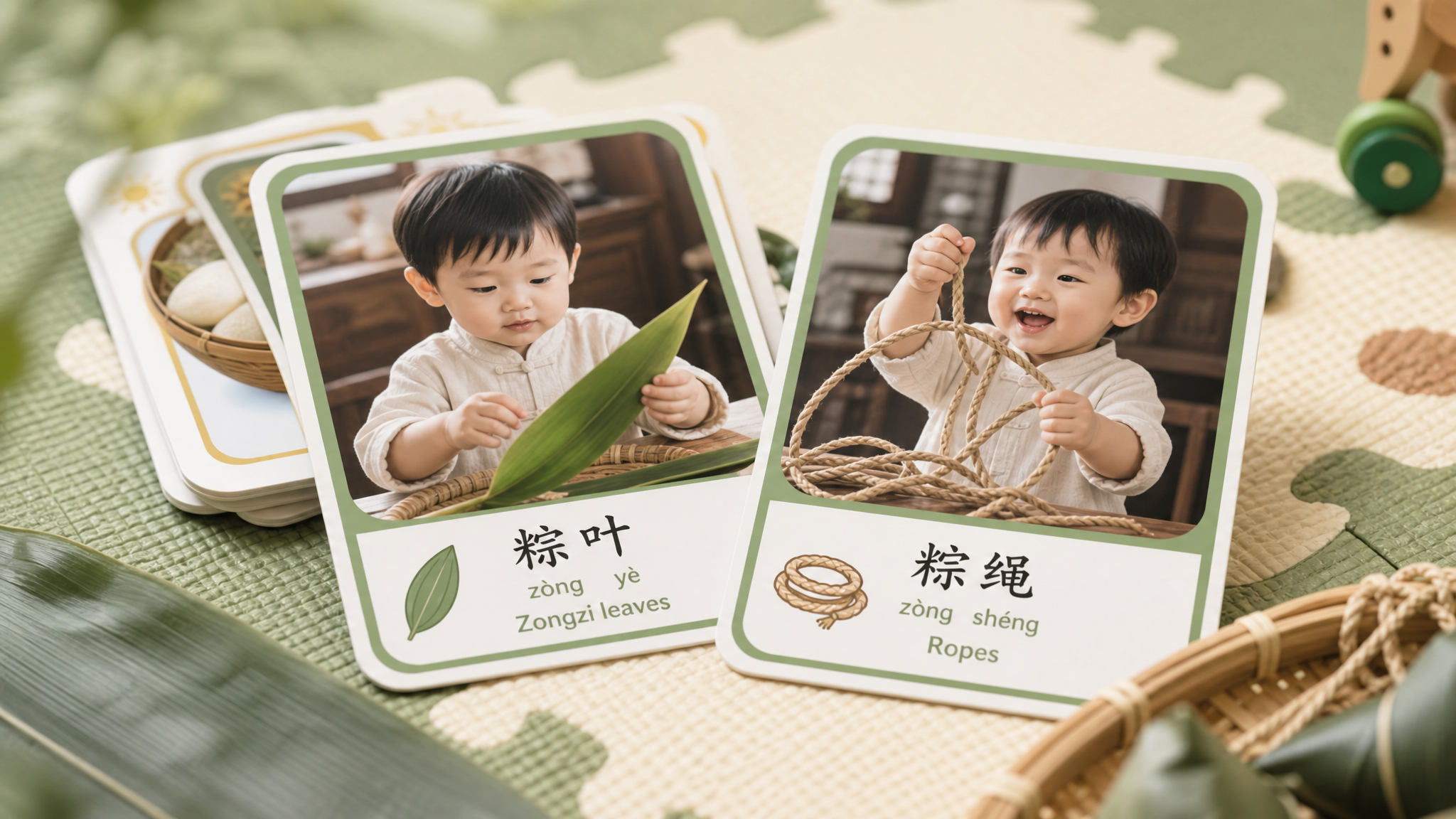 A close-up shot of cute, custom-made vocabulary flashcards lying on a soft play mat. The flashcards feature photos of a Chinese toddler playing with Zongzi leaves and ropes. Bright festival colors, soft focus background, educational and aesthetic, high-end commercial photography style.