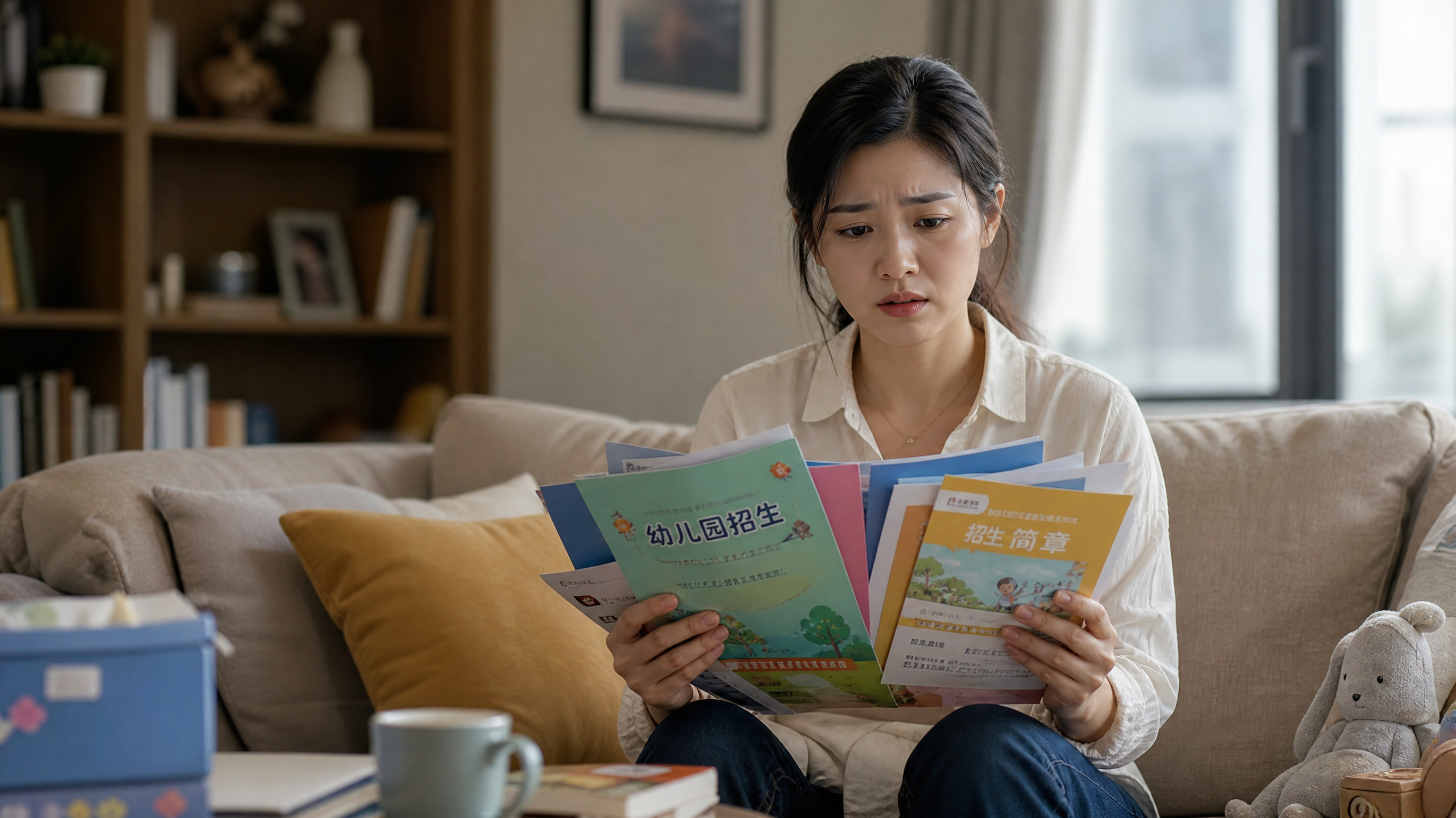 A medium shot of a young Chinese mother sitting on a cozy living room sofa, holding a pile of colorful kindergarten brochures, looking slightly anxious and confused, soft natural indoor lighting, realistic photography, highly detailed, 8k resolution, cinematic lighting.