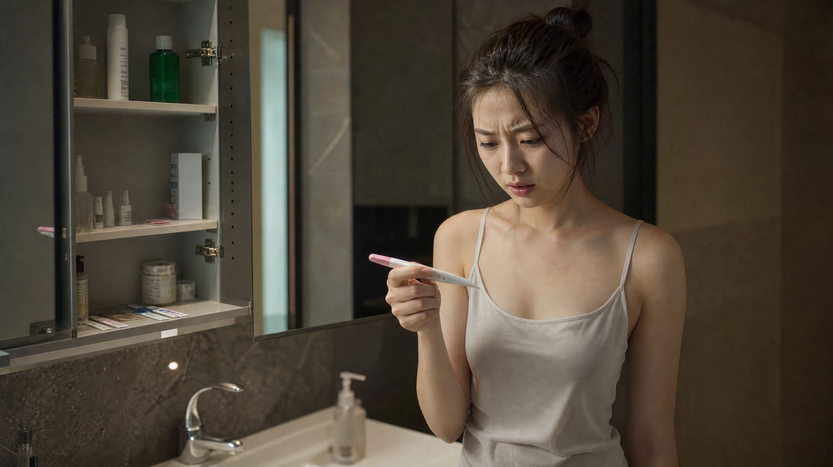 A high-quality, realistic photo of a young Chinese woman standing in a modern, slightly dimly lit bathroom. She is looking at a pregnancy test in her hand with a confused and anxious expression. The bathroom mirror cabinet is open, showing some scattered toiletries and test strips. Cinematic lighting, soft shadows, 8k resolution, photorealistic.
