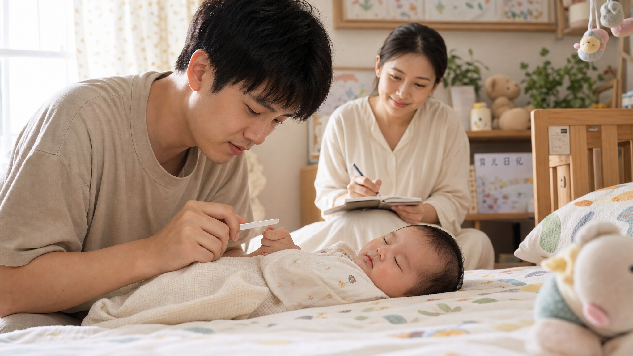 A warm scene of a young Chinese father carefully filing the nails of his sleeping baby in a cozy nursery. The Chinese mother is smiling and taking notes in the background. Soft natural light, heartwarming atmosphere, high quality, 8k resolution.