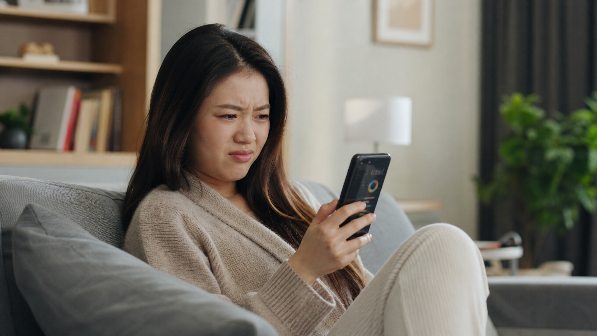 A high-quality photo of a young Chinese woman sitting on a cozy sofa, looking at her smartphone with a confused and slightly skeptical expression. The phone screen faintly shows a colorful chart. Soft natural indoor lighting, lifestyle photography, realistic, 8k resolution, cinematic lighting.