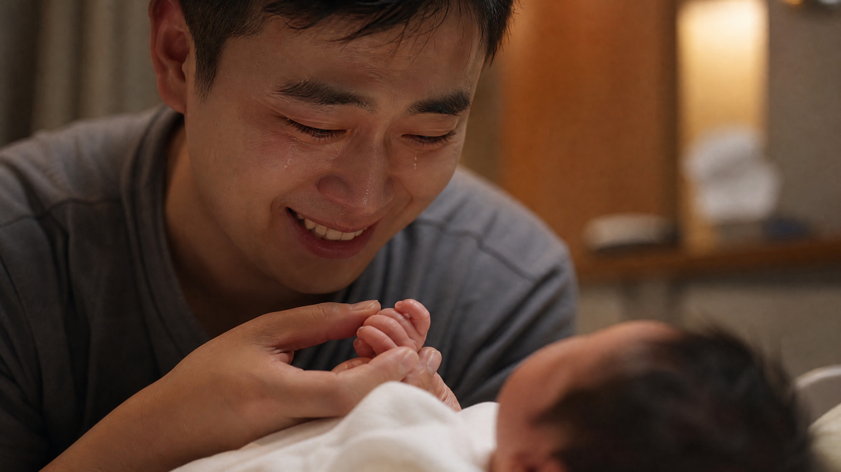 A heartwarming scene of a young Chinese father gently holding a newborn baby's tiny hand, looking down with tears of joy and a bright smile. Soft, warm indoor lighting, shallow depth of field focusing on the hands, highly detailed, emotional, cinematic, 8k resolution.