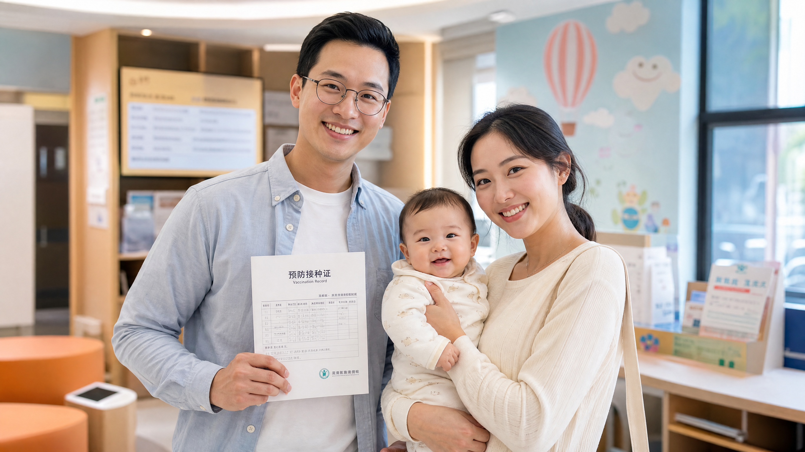 A happy Chinese family (father, mother, and a cute baby) at a modern pediatric clinic, the father is holding vaccination record documents, bright and warm atmosphere, reassuring and safe vibe, realistic portrait photography, 8k --ar 3:4