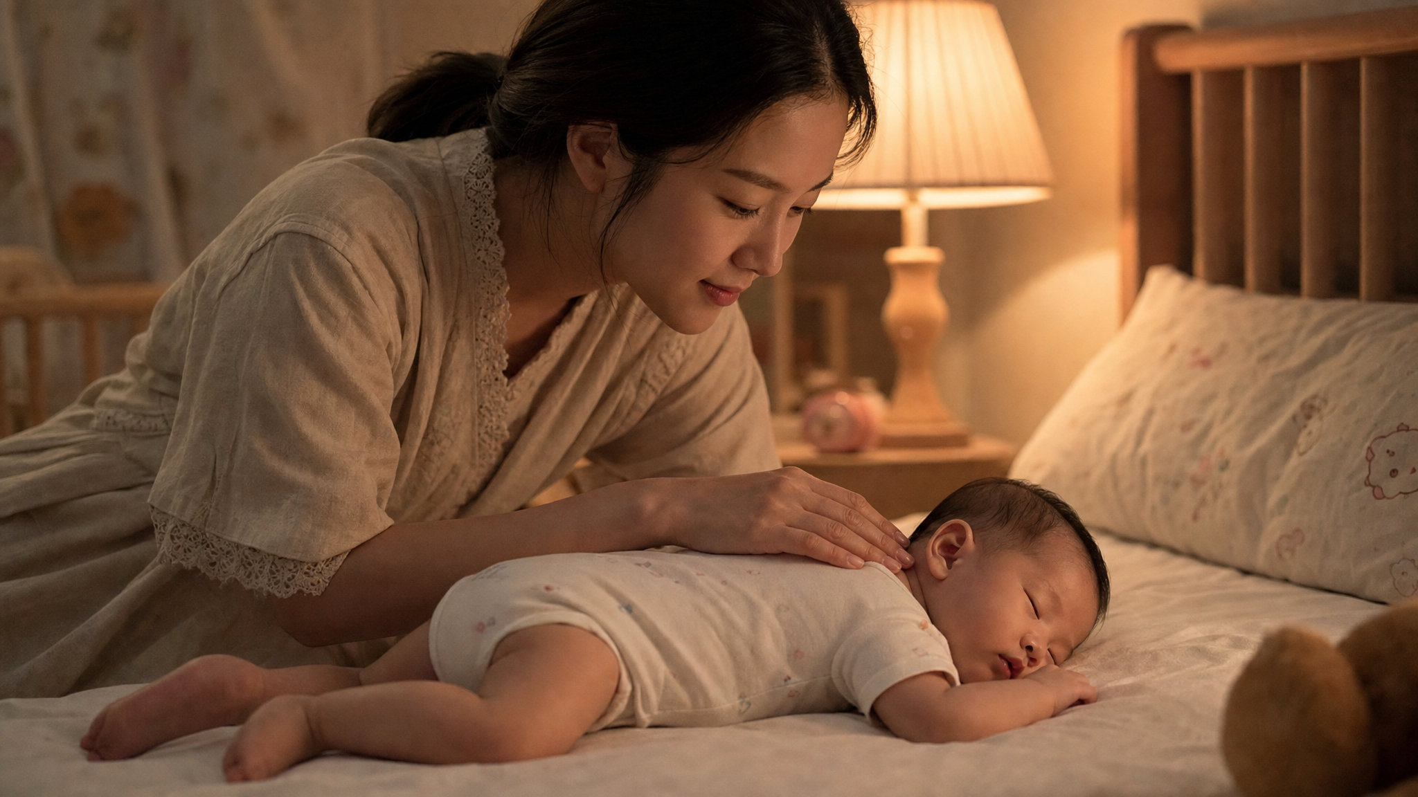 A gentle Chinese mother gently touching the back of her sleeping baby's neck with her hand to check the temperature, the baby is wearing a light short-sleeved bodysuit, cozy bedroom setting, warm soft lighting, maternal love, realistic, highly detailed, cinematic lighting.