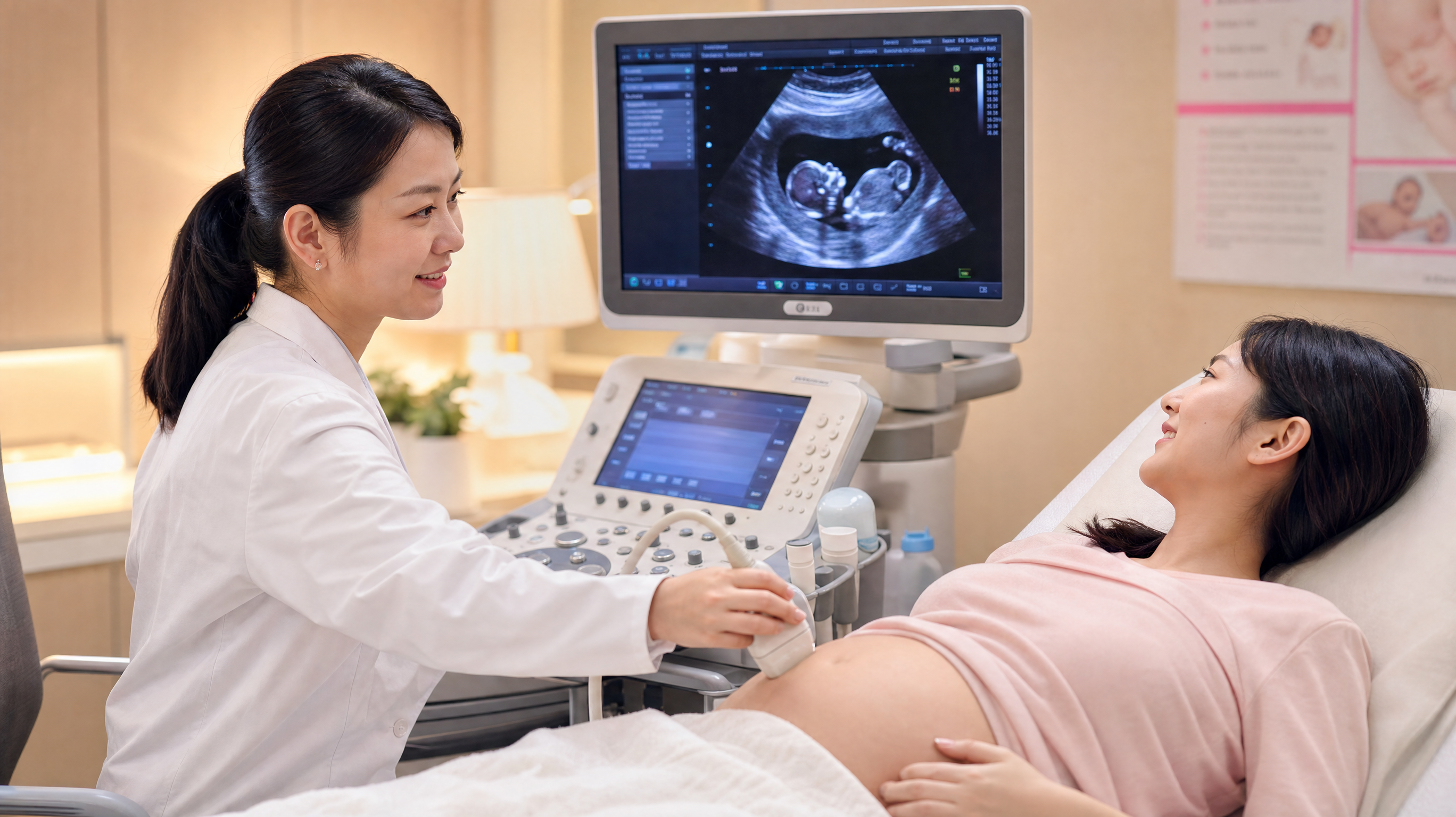 A professional Chinese female doctor performing an ultrasound examination on a pregnant Chinese woman in a modern, cozy clinic. The monitor shows a clear fetal outline. Warm lighting, reassuring atmosphere, realistic photography, 8k, highly detailed.