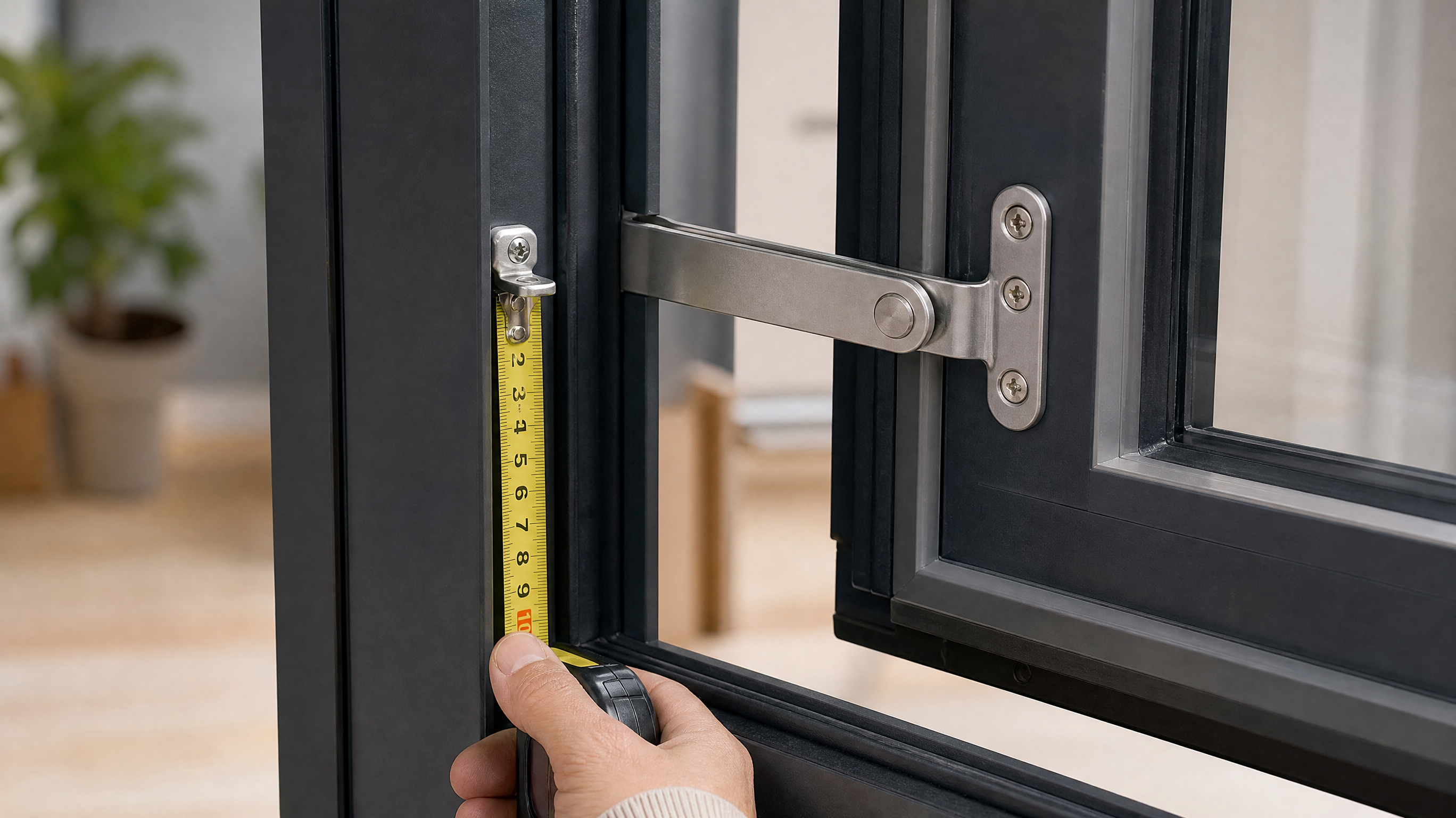 A close-up, high-quality product photography style image showing a sturdy metal window safety limiter installed on a modern window frame. A hand holding a measuring tape is placed next to the window opening, clearly showing the gap is strictly under 10 centimeters. Soft indoor lighting, sharp focus on the limiter mechanism, professional and educational tone.