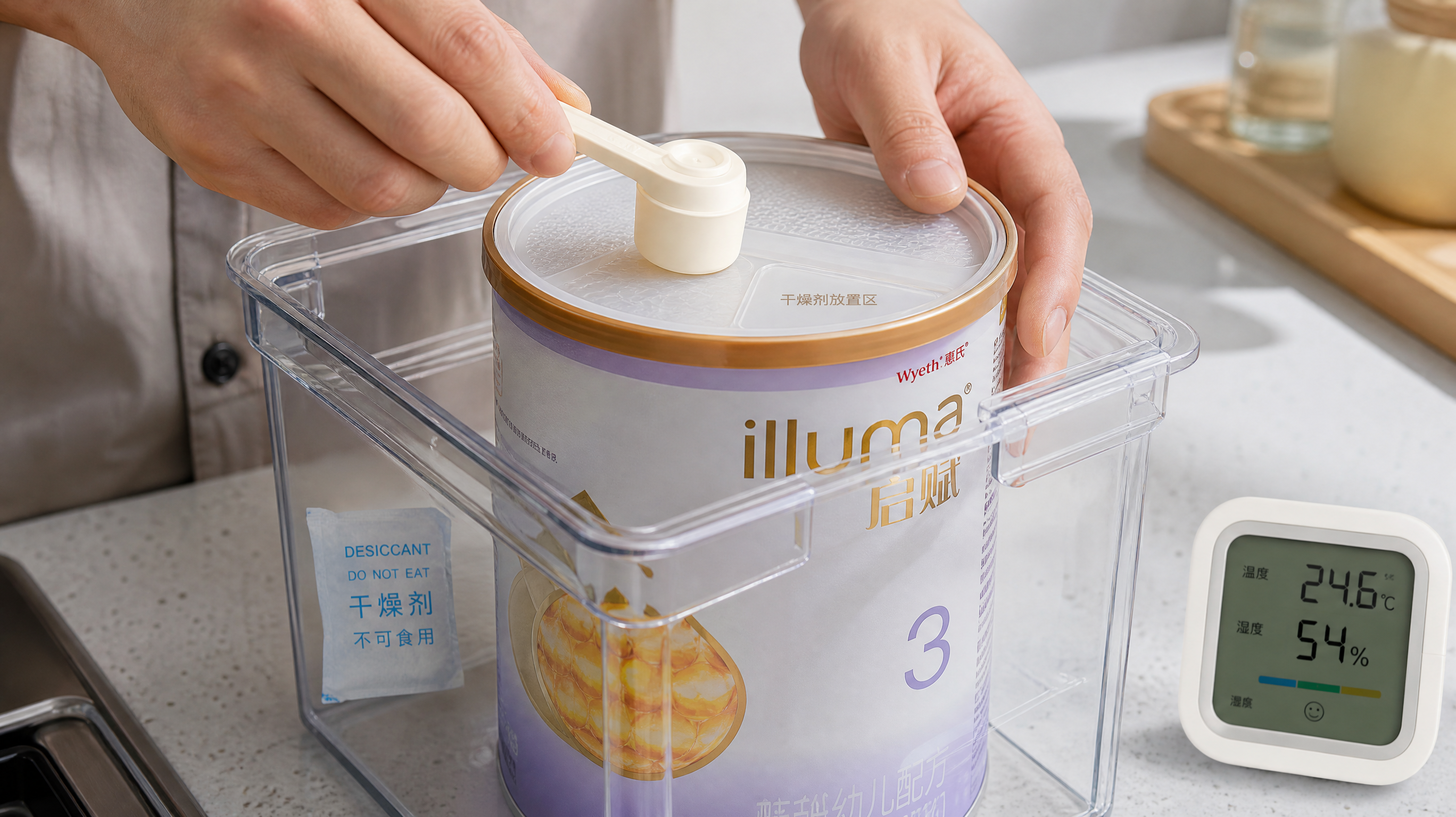 A bright, well-lit close-up shot of a Chinese father's hands carefully placing a baby formula scoop onto the designated dry zone of the formula can lid. The can is inside a clear airtight storage container with a small desiccant packet visible. A digital hygrometer nearby shows humidity below 60%. Clean, bright modern kitchen background, soft natural sunlight, macro photography, 8k, highly detailed.