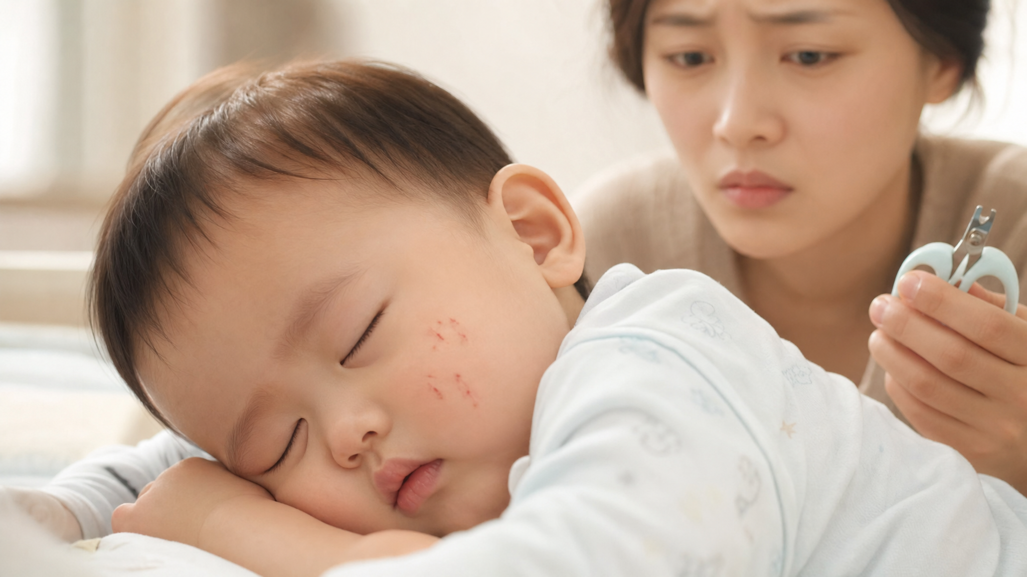 A close-up shot of a sleeping cute Chinese baby, soft warm lighting, tiny scratches on the baby's soft cheek. A young Chinese mother looking worried holding baby nail clippers in the background. High resolution, realistic photography, clinical soft color palette.