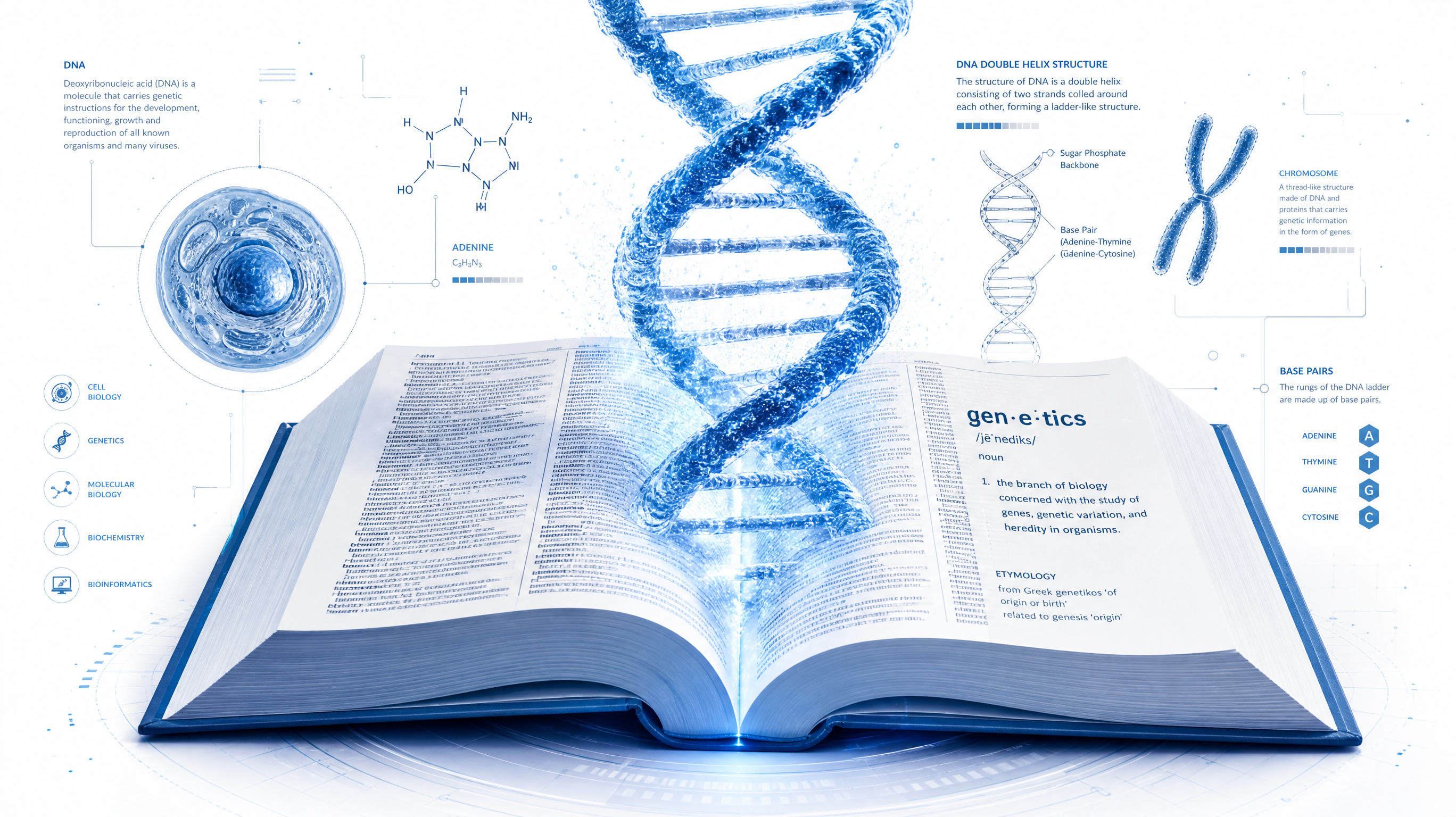 A conceptual illustration blending a glowing blue DNA double helix with an open thick dictionary. Tech-blue color palette, data visualization style, clean and professional medical infographic aesthetic, high quality, 8k.