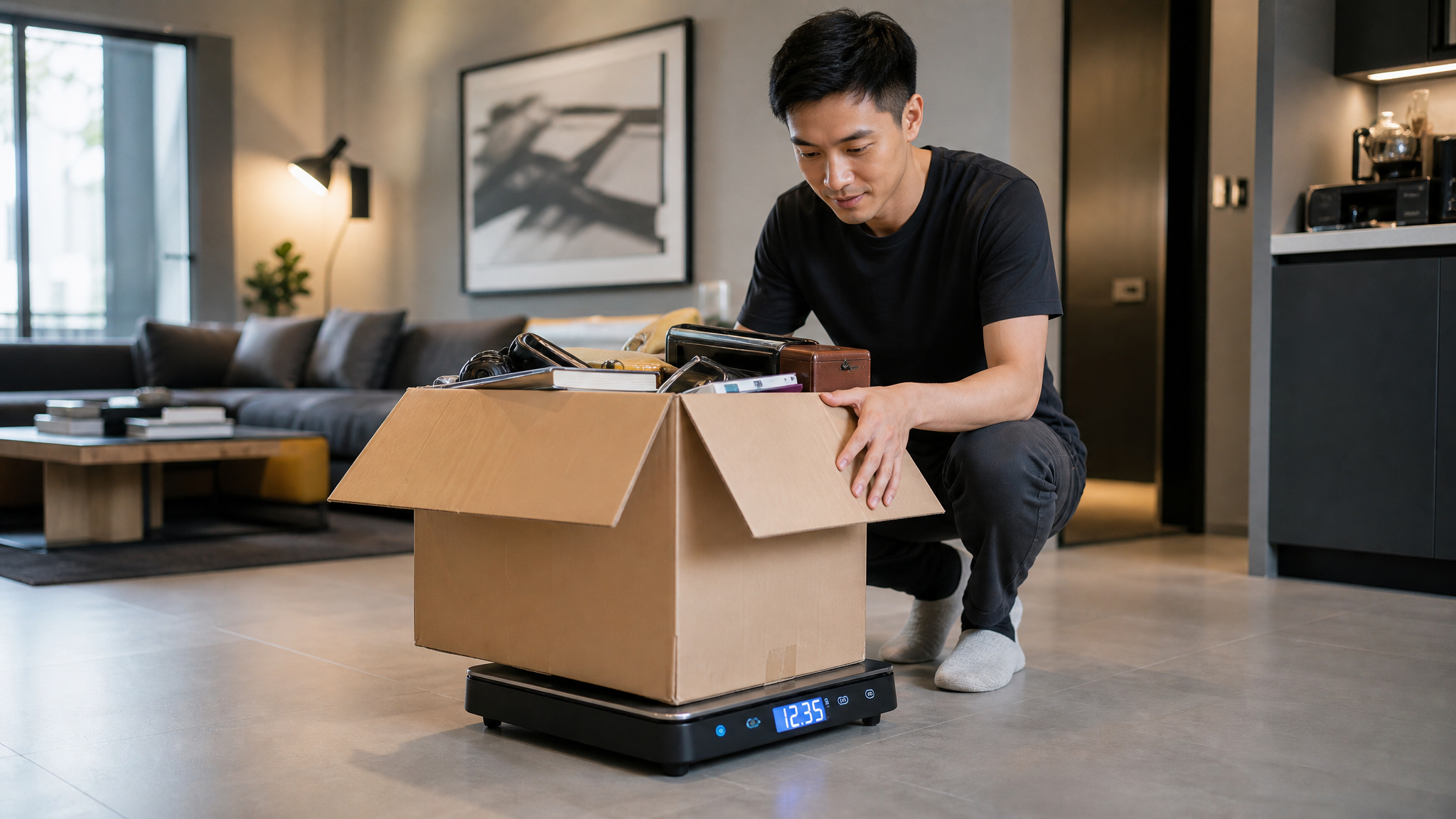 A handsome young Chinese father is using an electronic scale to weigh a large cardboard box filled with old items in a tidy living room. The background is clean and minimalist, with a black, white, and gray color palette and a touch of warm yellow light. Cinematic lighting, realistic photography, high quality, 8k resolution, photorealistic --ar 16:9