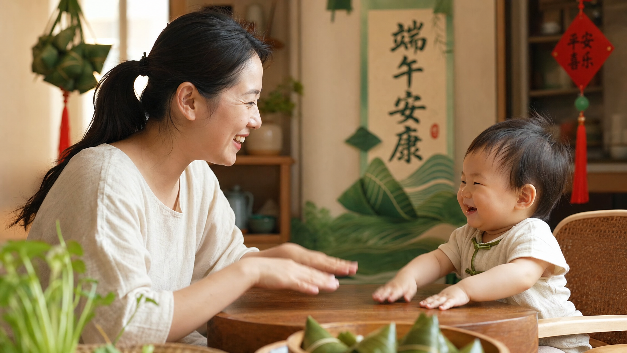 A heartwarming scene of a young Chinese mother and her 1.5-year-old Chinese baby sitting opposite each other at a low table. They are both happily tapping the table with their hands, imitating a drumbeat. Both are smiling brightly. Warm indoor lighting, festive Dragon Boat Festival decorations subtly in the background, cinematic lighting, highly detailed, realistic photography, joyful atmosphere.