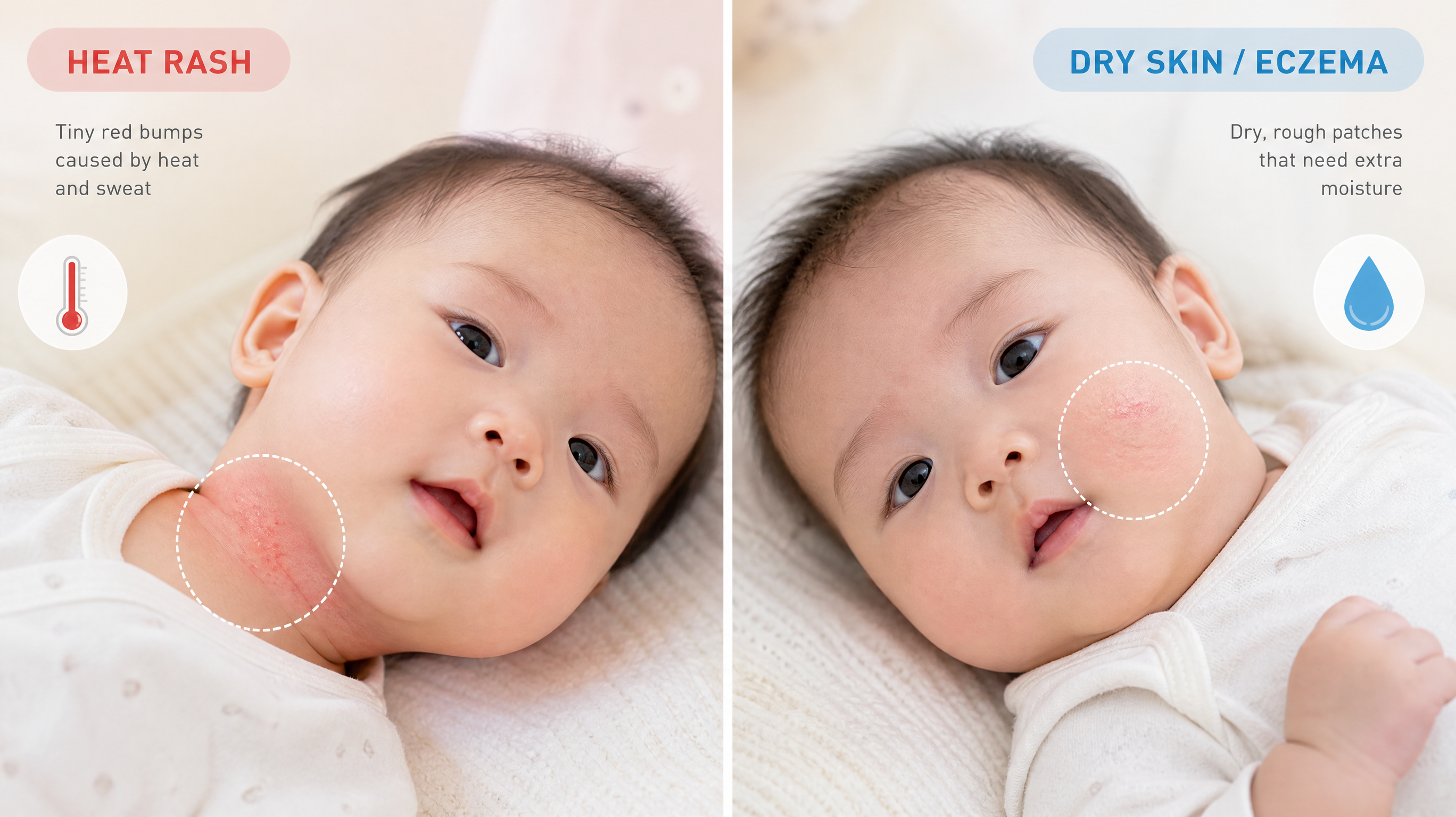 A high-quality, bright and soft clinical-style illustration photography of a cute 3-month-old Chinese baby lying down comfortably. Split screen concept: left side showing a subtle visual representation of heat rash on the neck with a tiny thermometer icon indicating warmth; right side showing dry skin/eczema on the cheek with a tiny water droplet icon indicating need for moisture. Soft pastel background, reassuring tone, highly detailed, 8k.