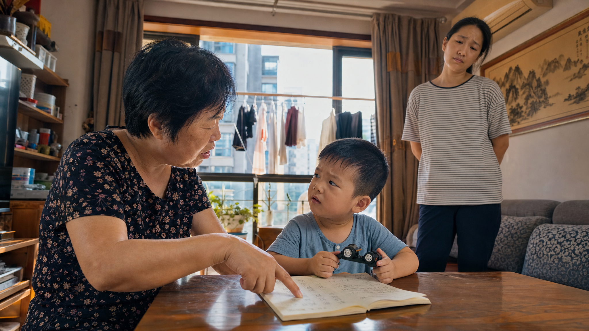 A photorealistic image of a typical Chinese family