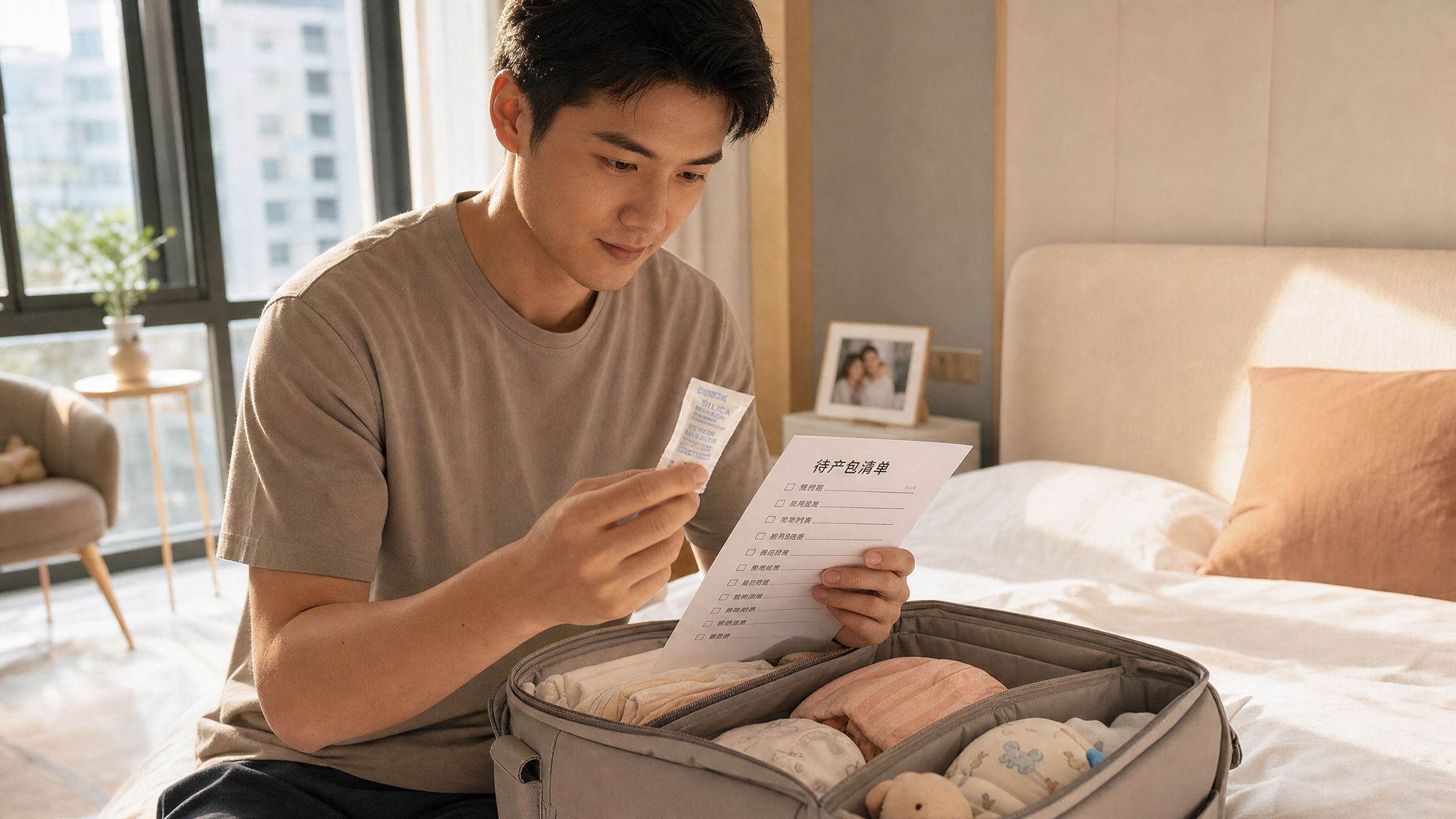 A caring young Chinese husband carefully checking the contents of a maternity bag in a bright, modern bedroom. He is holding a checklist and looking at a small desiccant packet. Warm sunlight, cozy atmosphere, high quality, realistic lifestyle photography. --ar 3:4