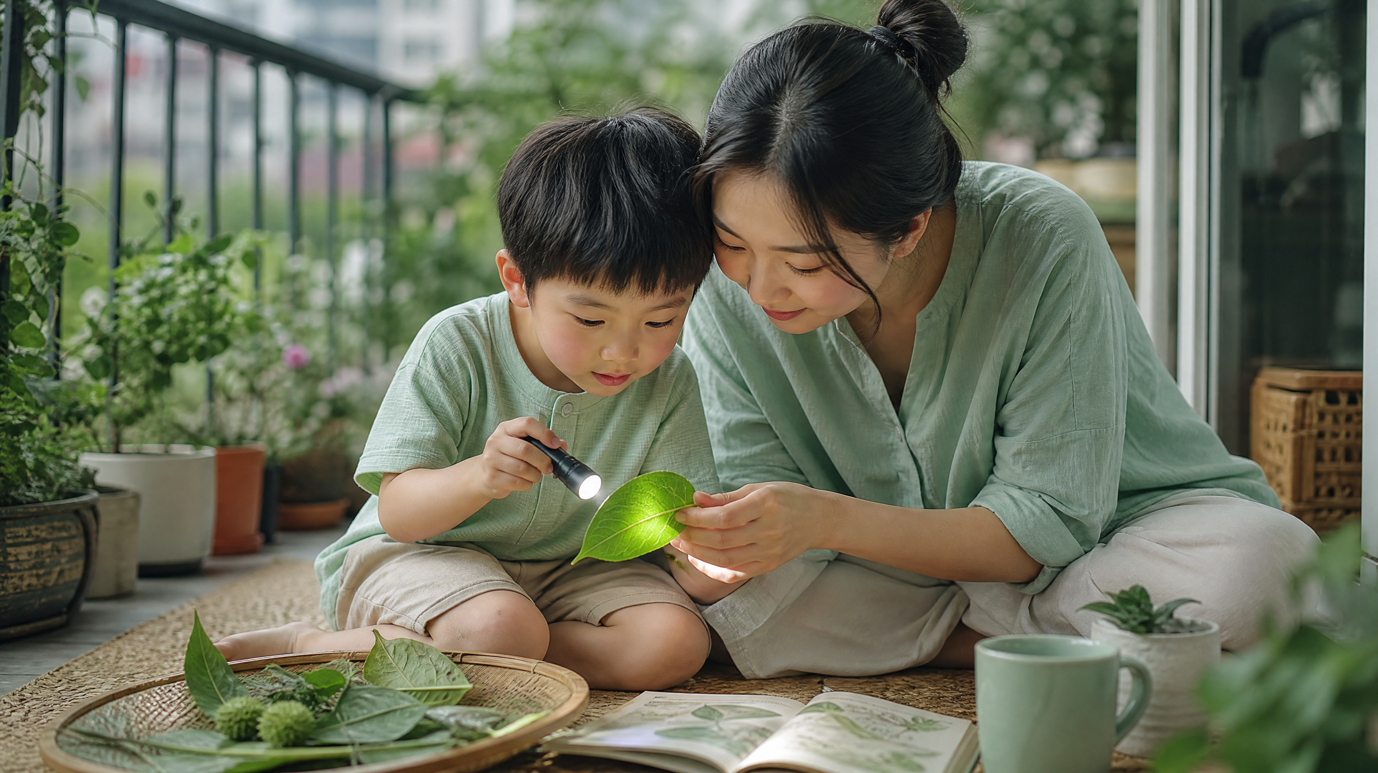 A Chinese mother and her little boy sitting on a b