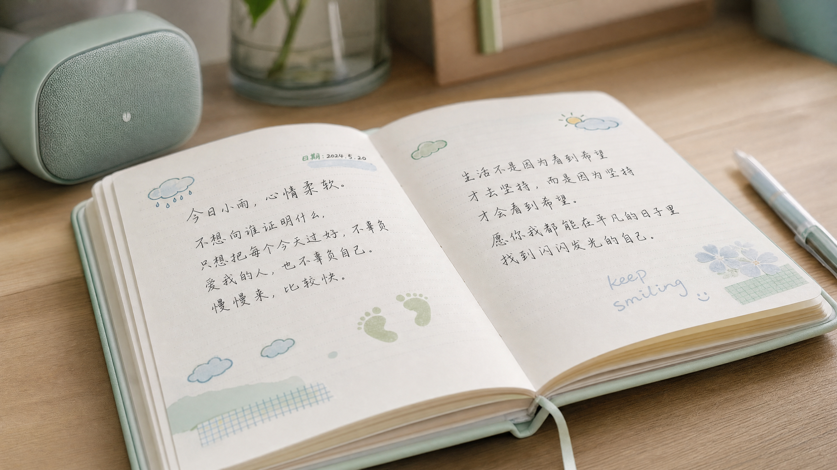 Close up shot of a beautiful open journal on a wooden desk, with elegant Chinese handwriting, small cute doodles of weather and baby footprints. A modern minimalist bluetooth speaker in the background. Mint green and pale blue color palette, clean white space, aesthetic and healing vibe, soft cinematic lighting, highly detailed, DALL-E 3 style.