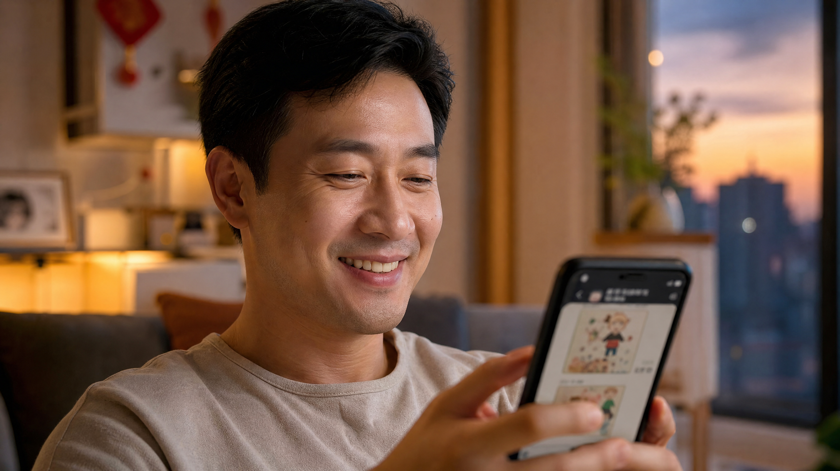 A close-up shot of a handsome Chinese father smili