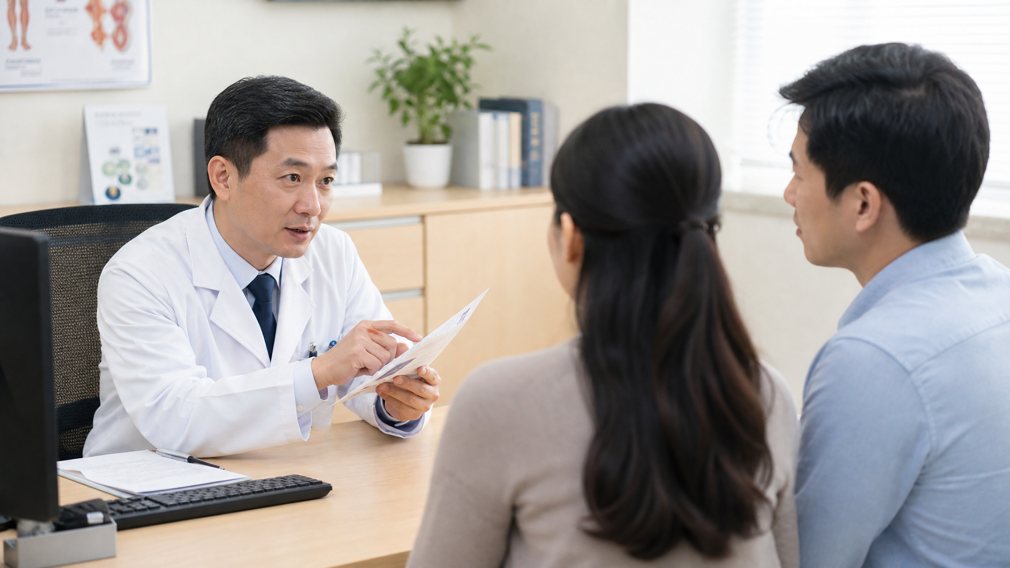 A professional Chinese male doctor in a white coat sitting at a neat desk, explaining a medical report to a young Chinese couple, the doctor looks reassuring and professional, medical clinic setting, soft natural light, depth of field, 8k resolution, realistic --ar 16:9