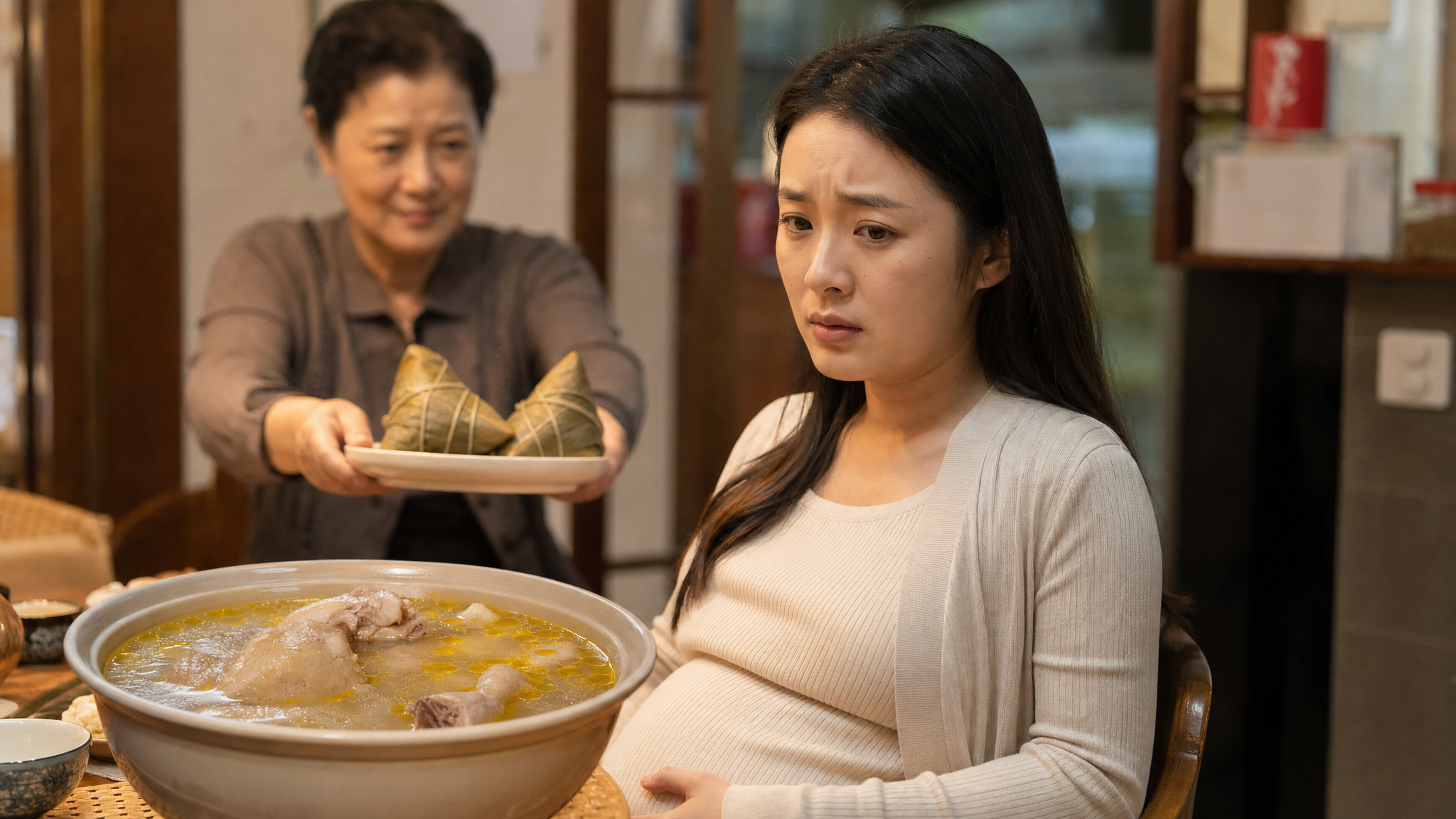 A hyper-realistic photographic image. A young Chinese pregnant woman sitting at a dining table, looking slightly stressed and overwhelmed. In front of her is a large bowl of oily chicken soup and two big traditional Chinese zongzi (sticky rice dumplings). A blurred figure of an elder Chinese woman in the background offering the food. Warm indoor lighting, soft cinematic grading, shot on 85mm lens, 8k resolution, highly detailed.