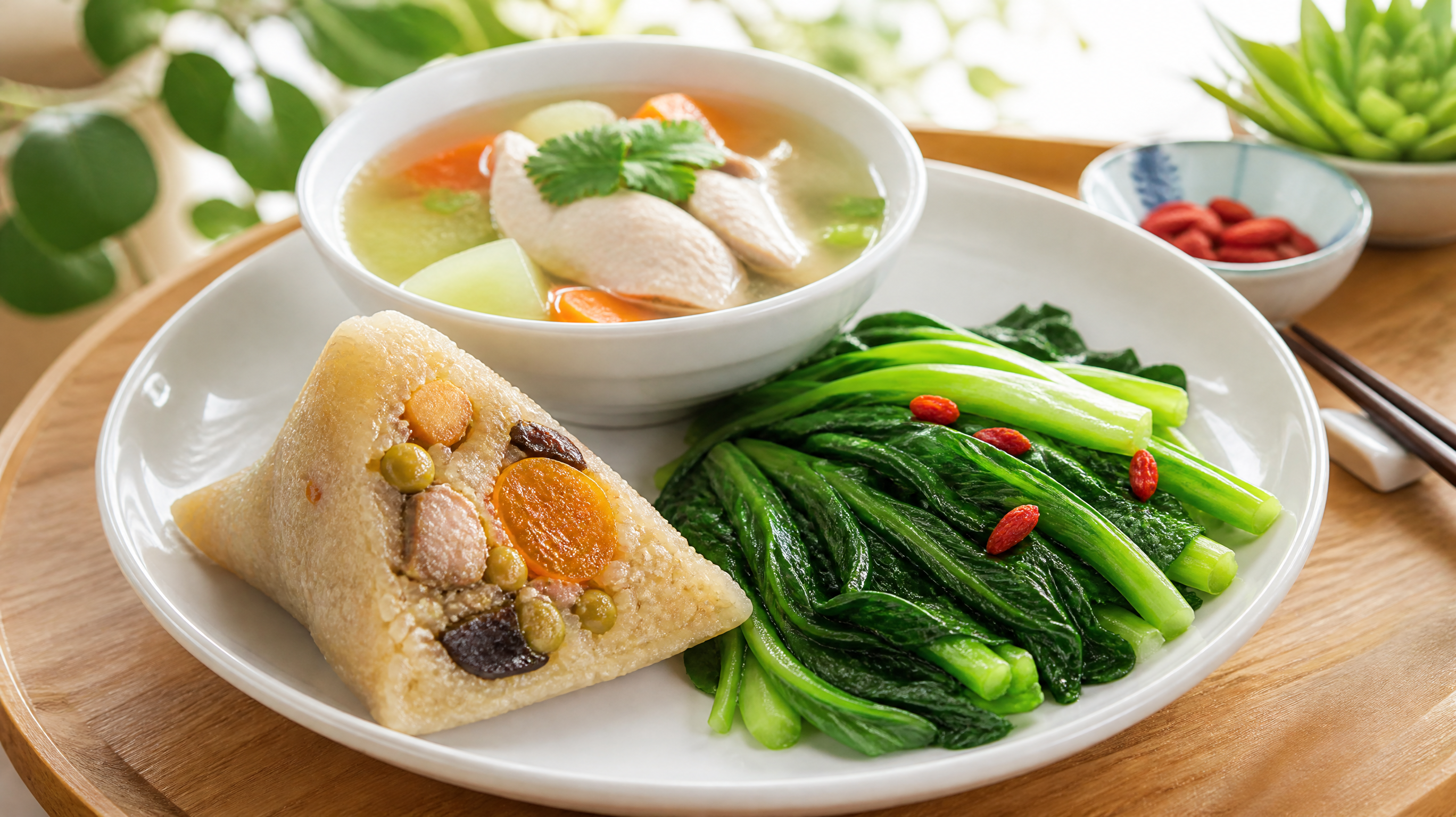 A bright, appetizing food photography shot. A beautifully plated healthy meal for a Chinese pregnant woman. On the plate: half of a peeled zongzi (sticky rice dumpling), a large portion of fresh green leafy vegetables, and a bowl of clear vegetable soup with skinless chicken breast. Natural window light, bright and airy aesthetic, soft shadows, highly detailed food textures, 4k.